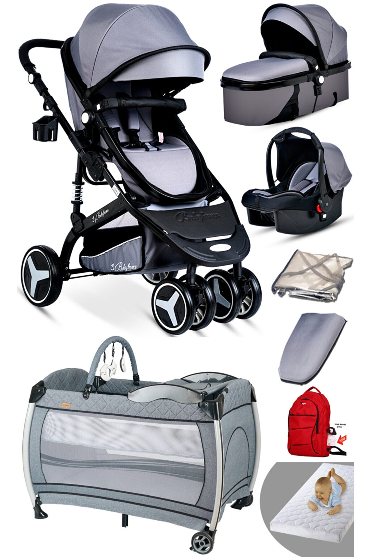 Baby Home 8'in1 Yeni Doğan Set 945 Travel Sistem Bebek Arabası Ve 600 Oyun Parkı Beşik Park Yatak