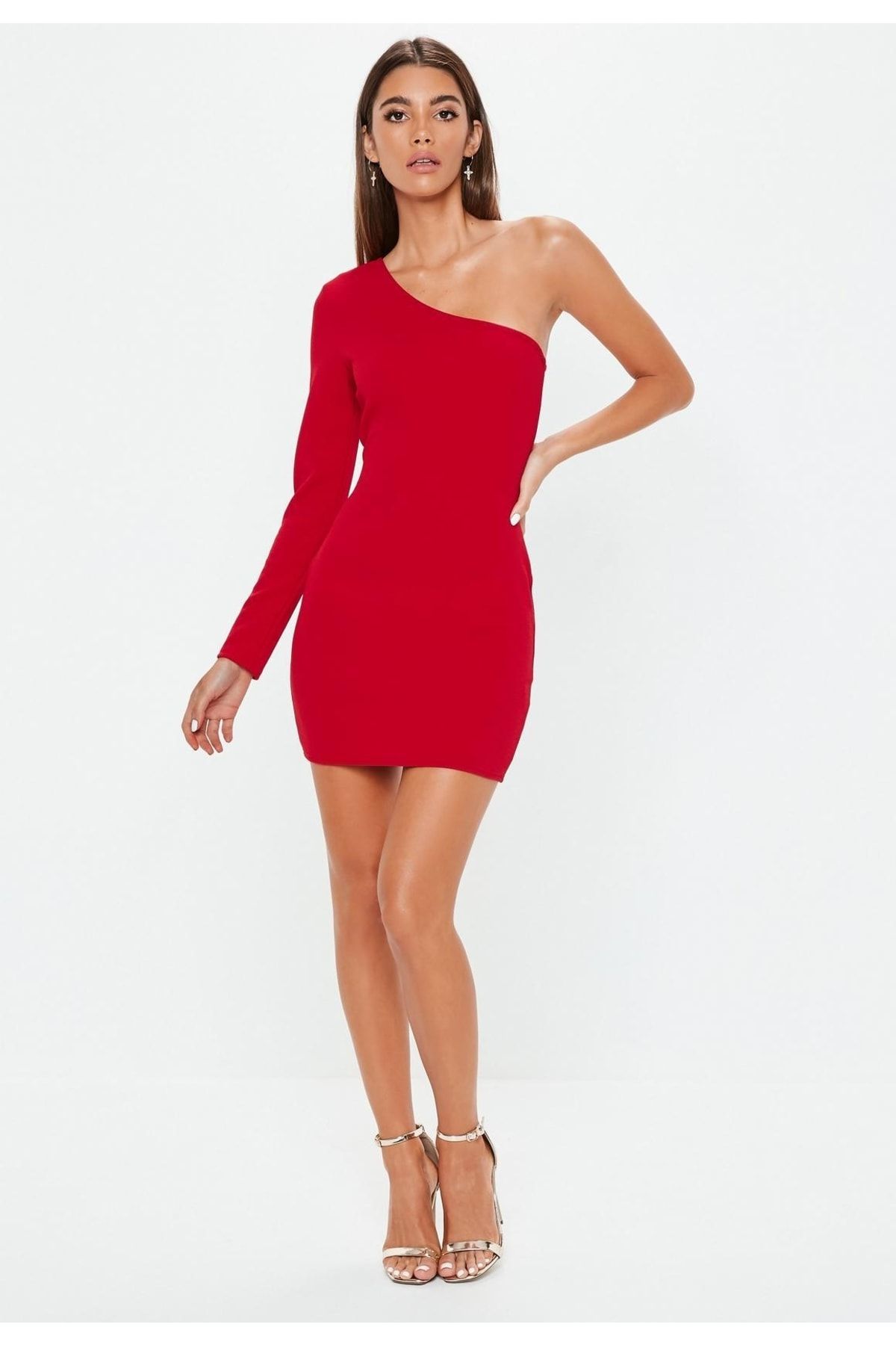 Secret Passion Lingerie Tknfashıon Esnek Dalgıç Kumaş Tek Kol Detaylı Kırmızı Mini Elbise 443