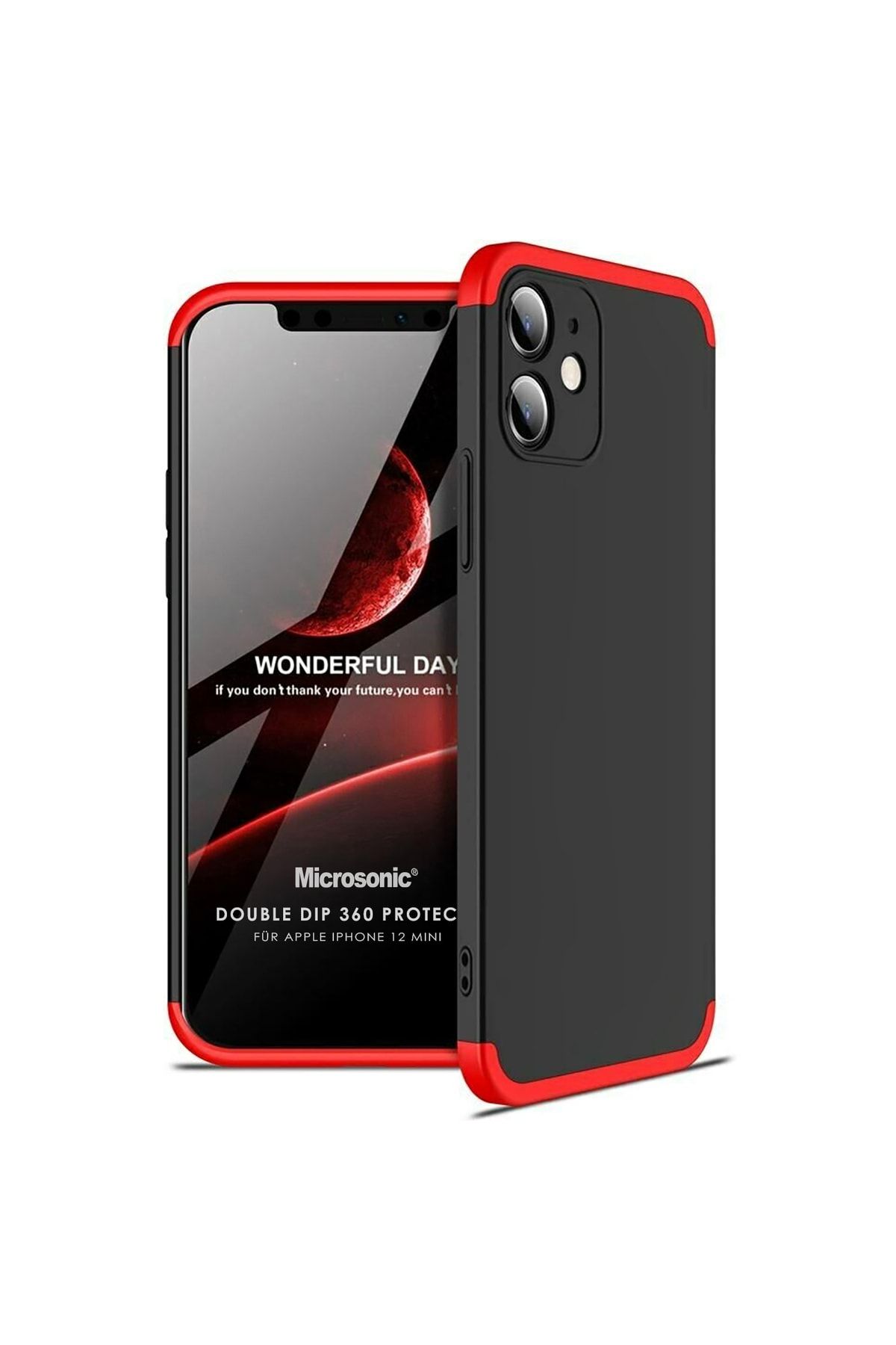 Microsonic Iphone 12 Mini Kılıf Double Dip 360 Protective Siyah Kırmızı