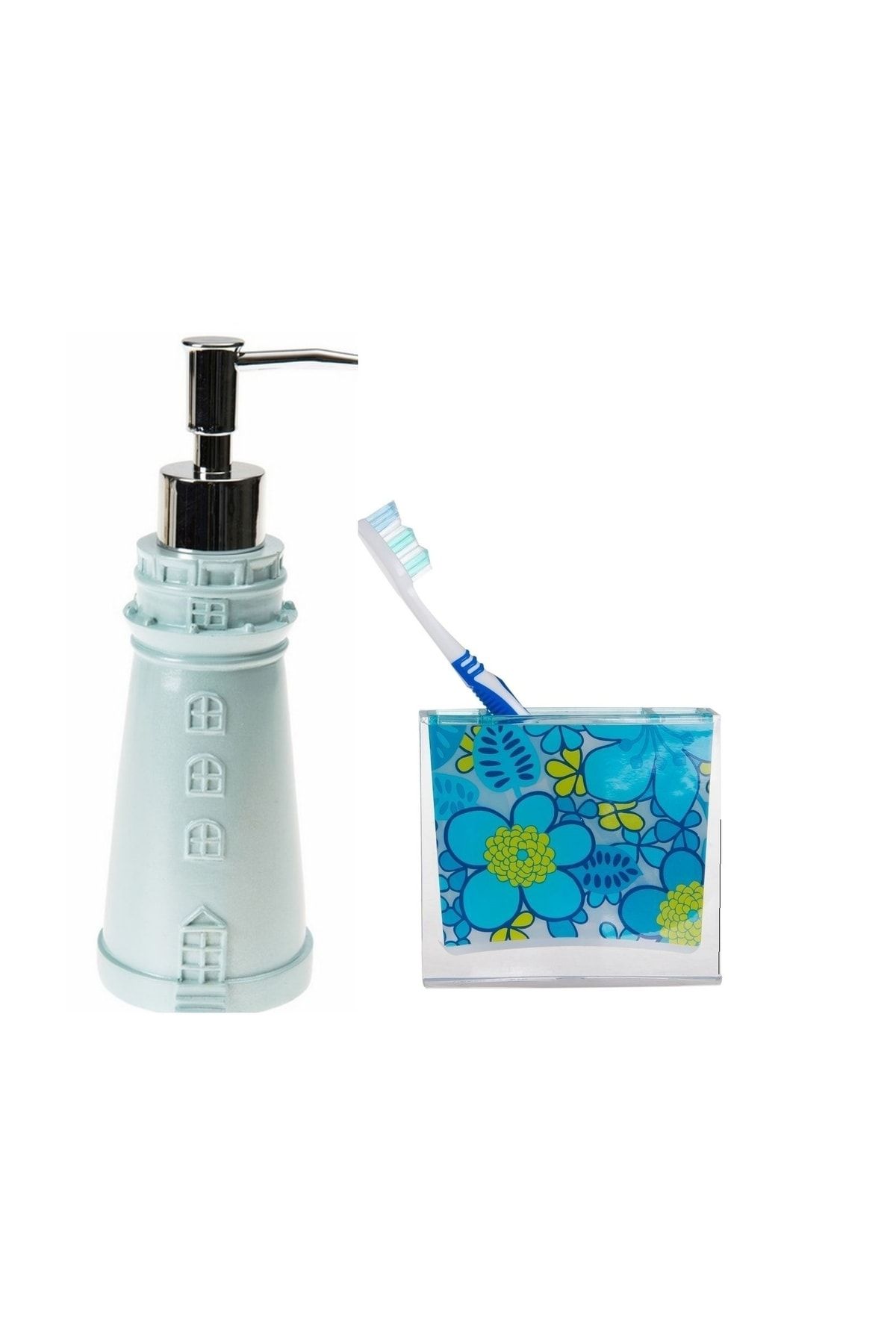 Sia Sıvı Sabunluk,diş Fırçalık 2 Li Banyo Seti,deniz Feneri Ve Mavi Çiçekli
