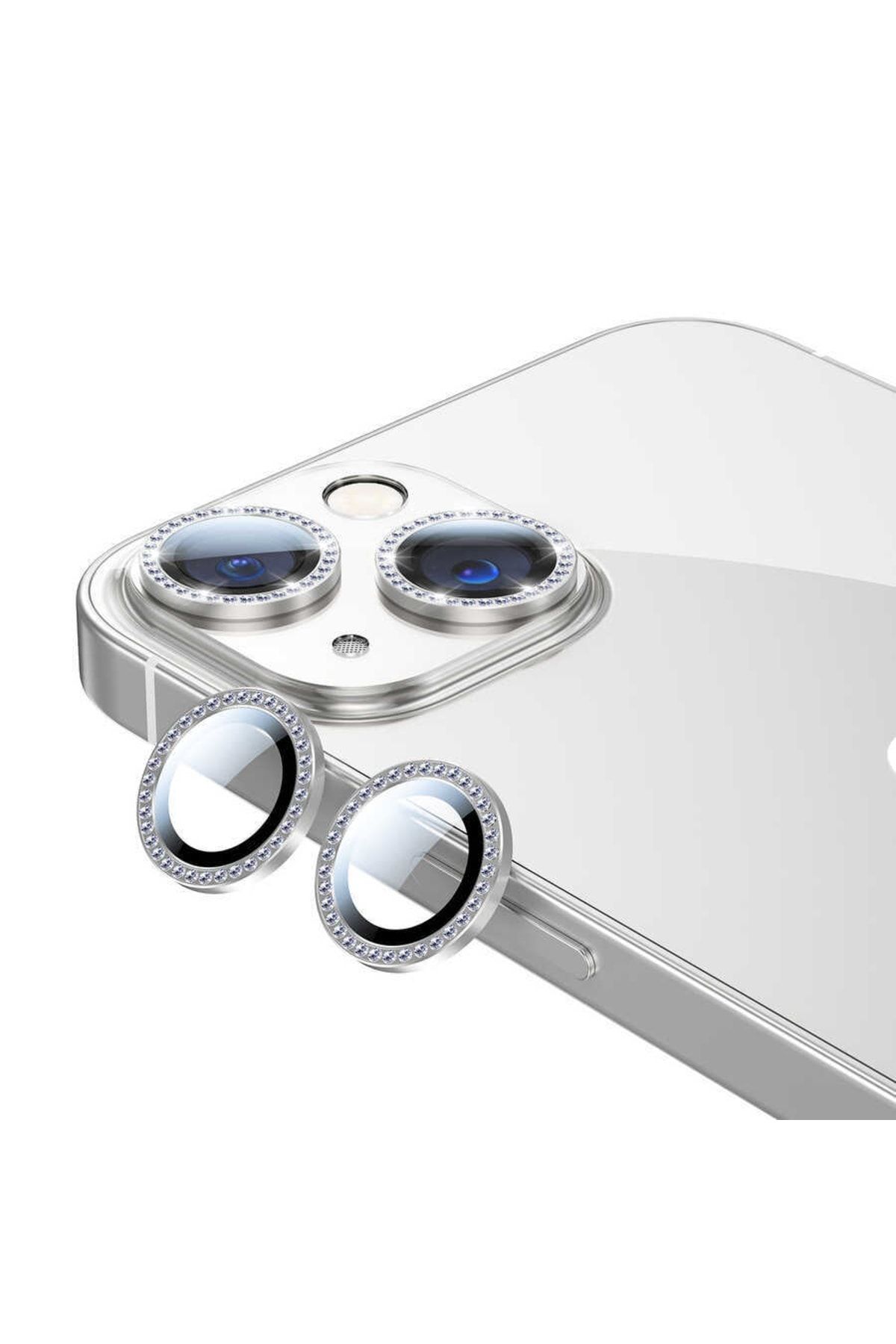 Vip Case Iphone 13 Ve 13 Mini Uyumlu Swarovski Taşlı Kamera Lens Koruma Koruyucu Silver