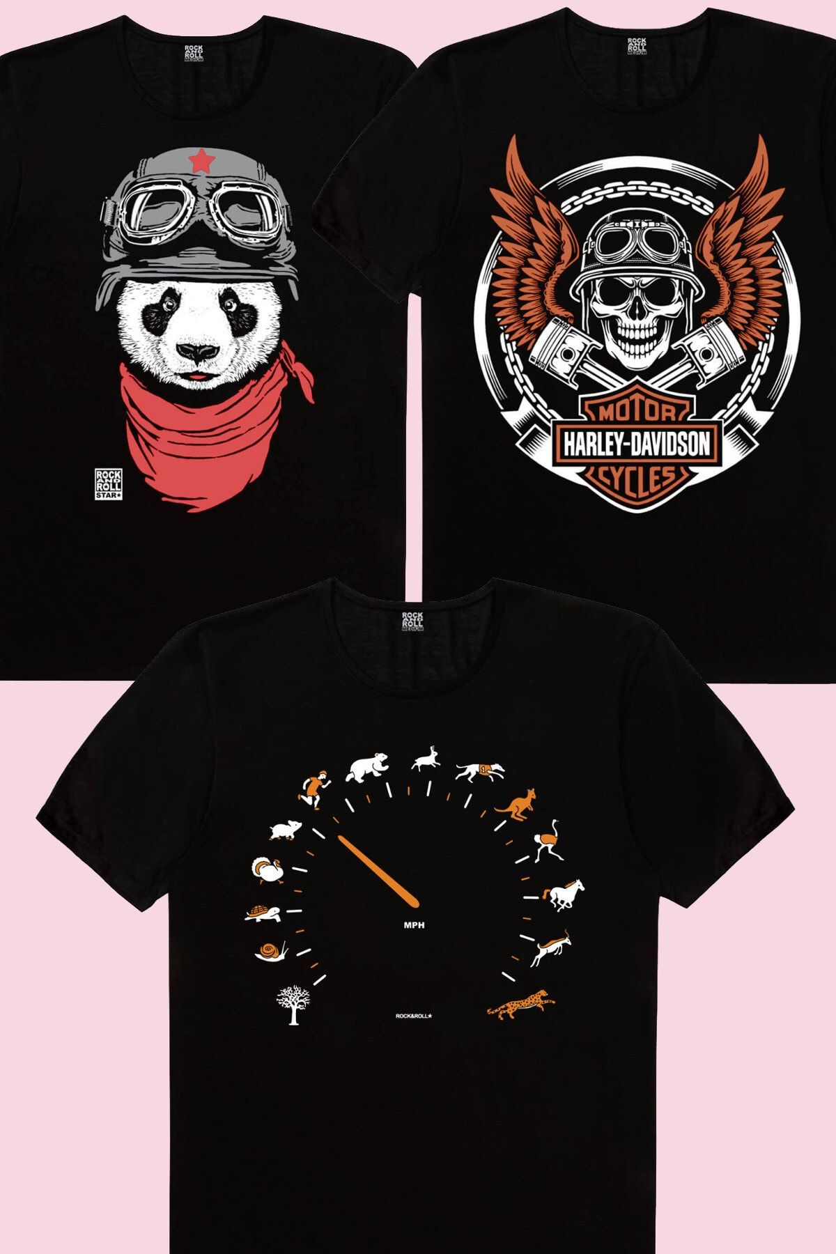 ROCKANDROLL Sürat Göstergesi Bandanalı Panda Motorcu Kurukafa Kız Çocuk T-shirt 3'lü Eko Paket