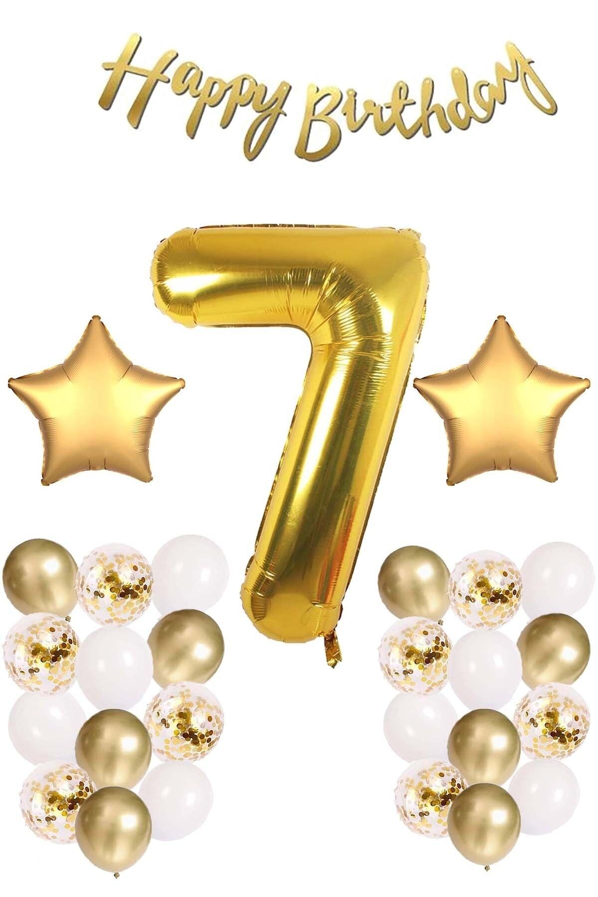 Patladı Gitti Gold Konsept 7 Yaş Doğum Günü Kutlama Seti; Beyaz Gold Konfetili Balon, Rakam Yıldız Folyo Ve Banner
