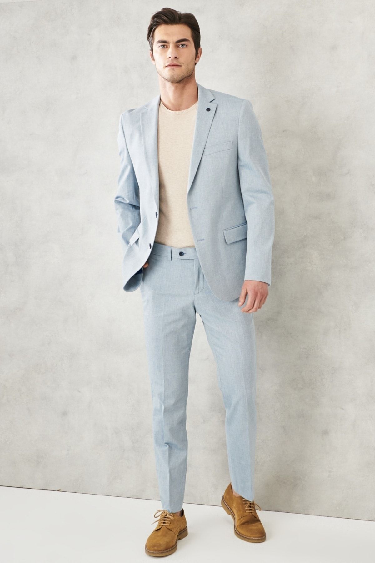 Altınyıldız Classics Erkek Mavi Slim Fit Dar Kesim Mono Yaka Armürlü Klasik Takım Elbise