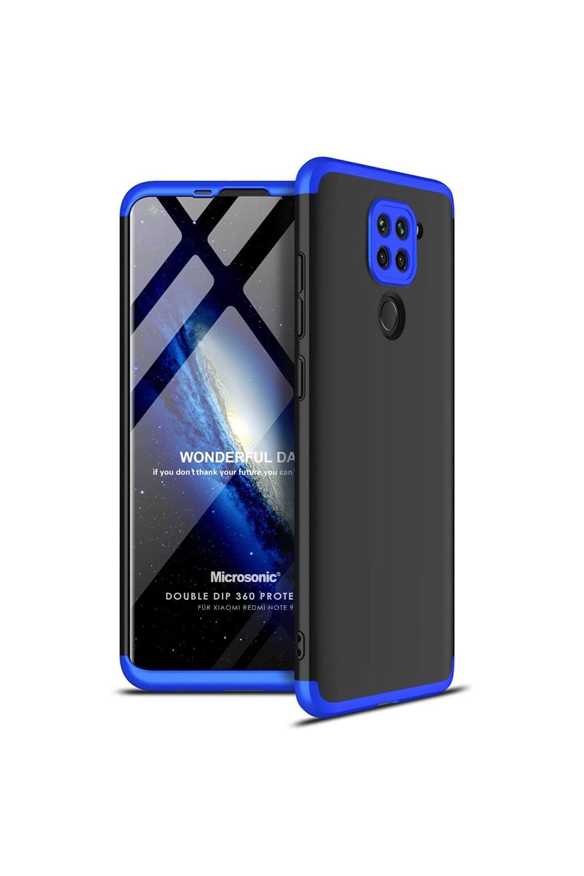 Microsonic Redmi Note 9 Kılıf Double Dip 360 Protective Siyah Mavi