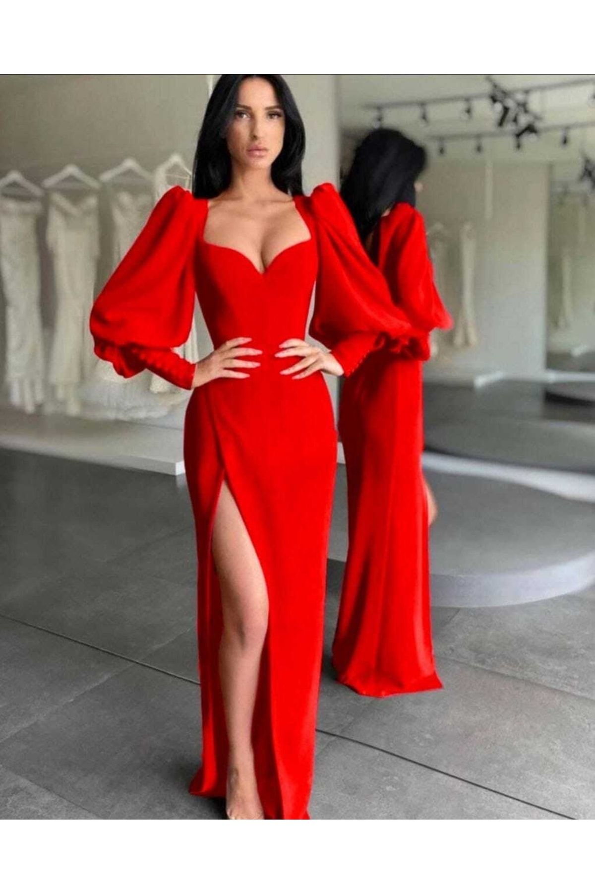 Secret Passion Lingerie Kırmızı Esnek Kumaş Göğüs Dekolteli Derin Yırtmaçlı Şık Uzun Elbise Abiye Elbise 112 581913