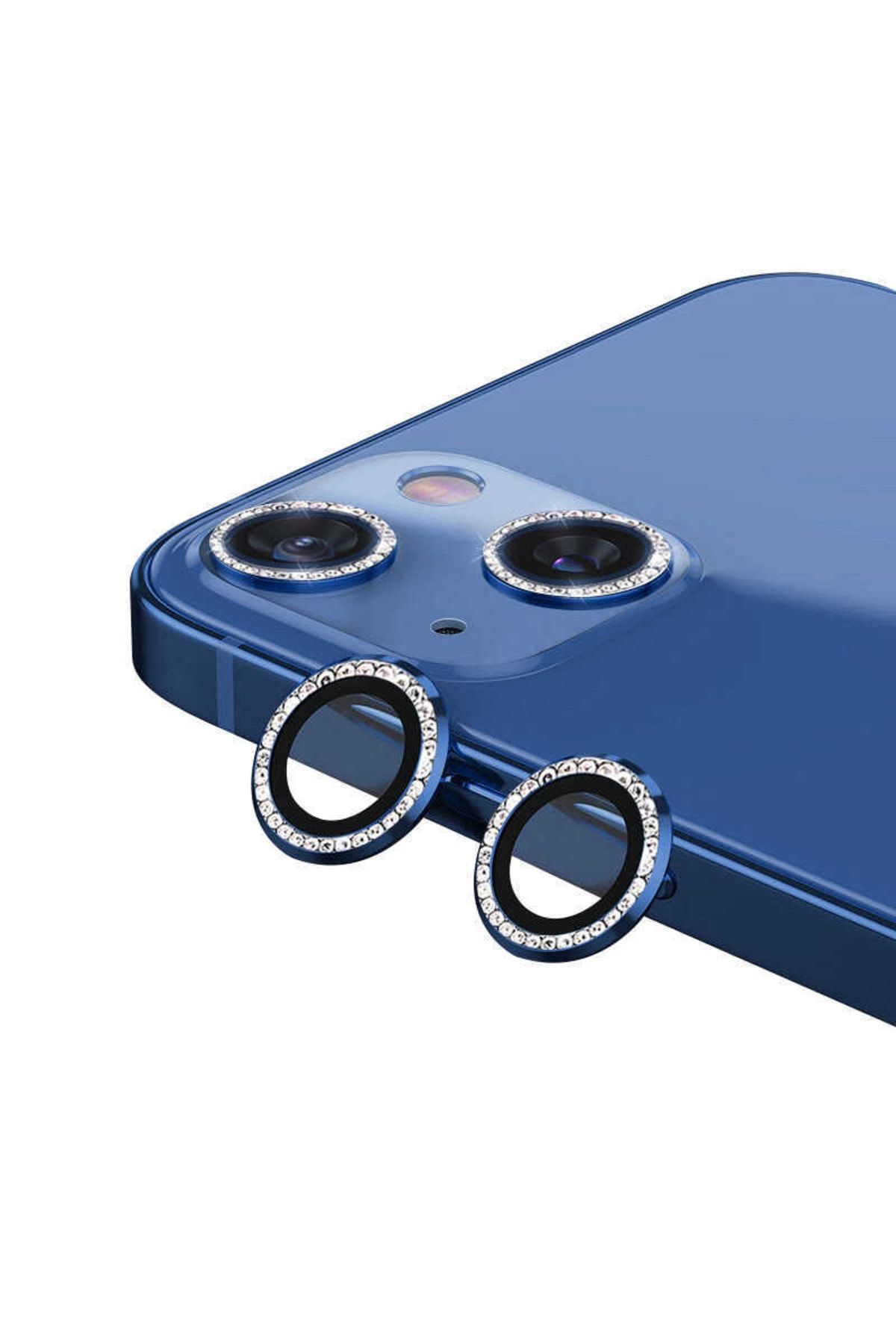 Vip Case Iphone 13 Ve 13 Mini Uyumlu Swarovski Taşlı Kamera Lens Koruma Koruyucu Mavi