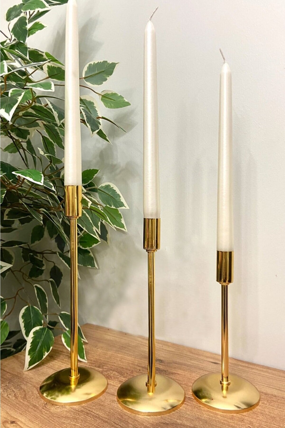 ASYA BAZAAR Metal 3�lü ( Üçlü ) Düz Ayak Gold Şamdan Mumluk Ev