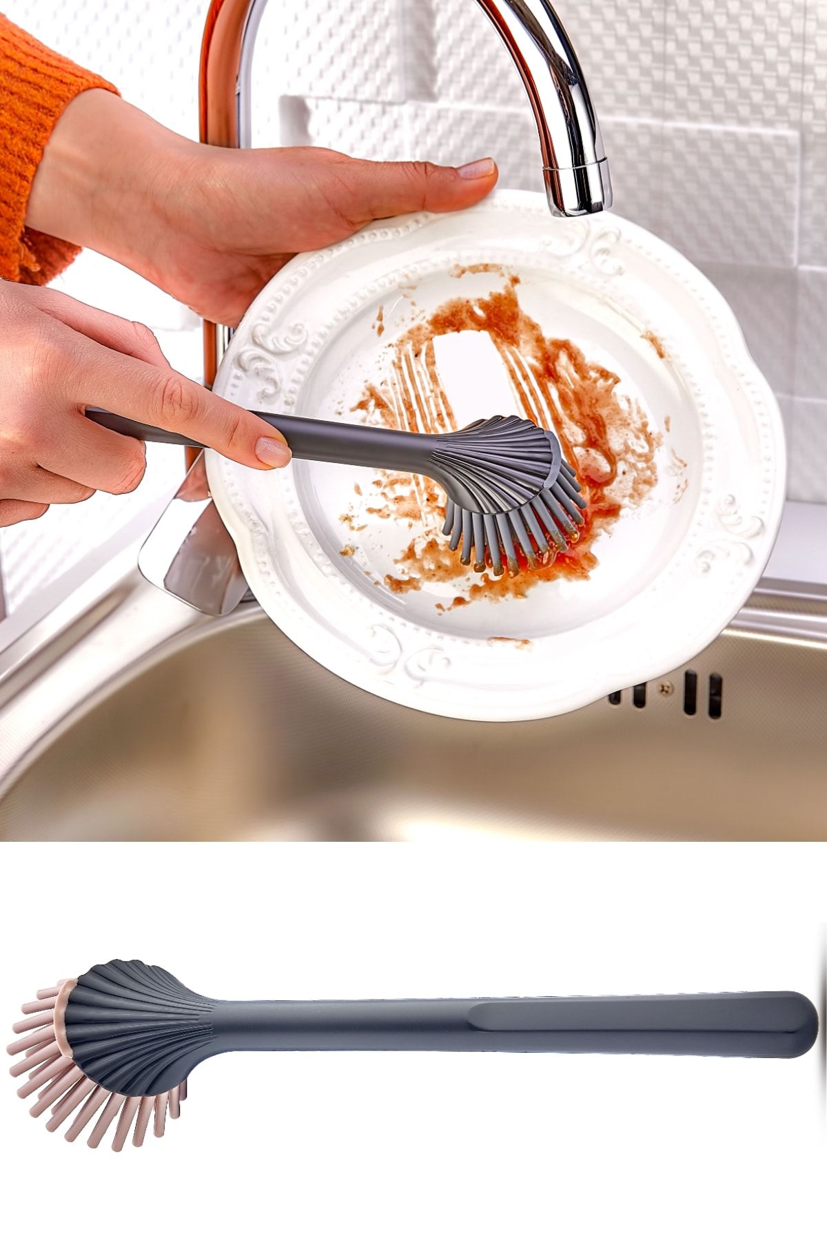 EARABUL Silikon Başlıklı Bulaşık Yıkama Ve Lavabo Temizleme Mutfak Tezgah Fırçası Gri-pembe