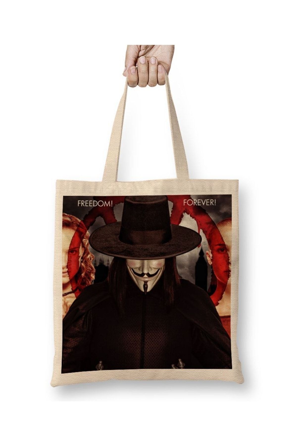 Baskı Dükkanı V For Vendetta Freedom Forever Bez Çanta Uzun Saplı