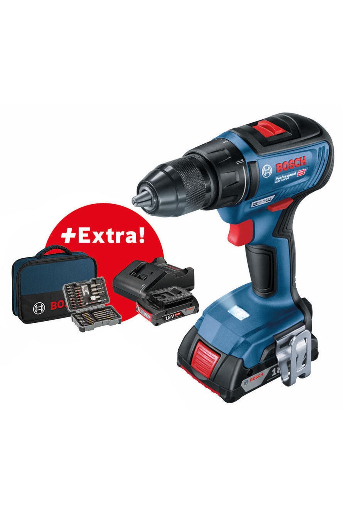 Bosch Professional Gsr 18v-50 2x 2,0 Ah Çift Akü Delme/vidalama Makinesi + 43 Parça Set + Alet Çanta