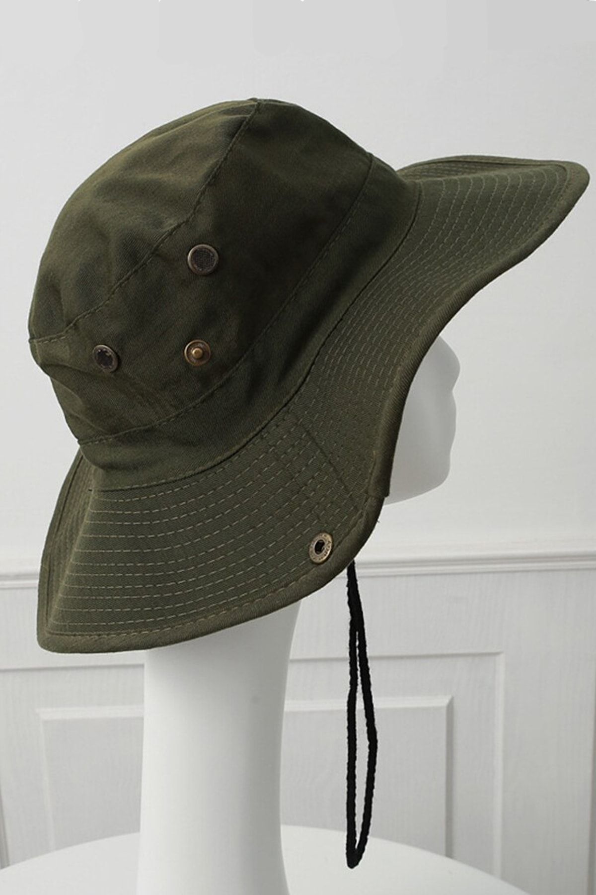 Premium ONLY Yazlık Unisex Safari Kovboy Plaj Şapkası Çıtçıtlı Katlanabilir Pamuklu 56-58 Cm Haki