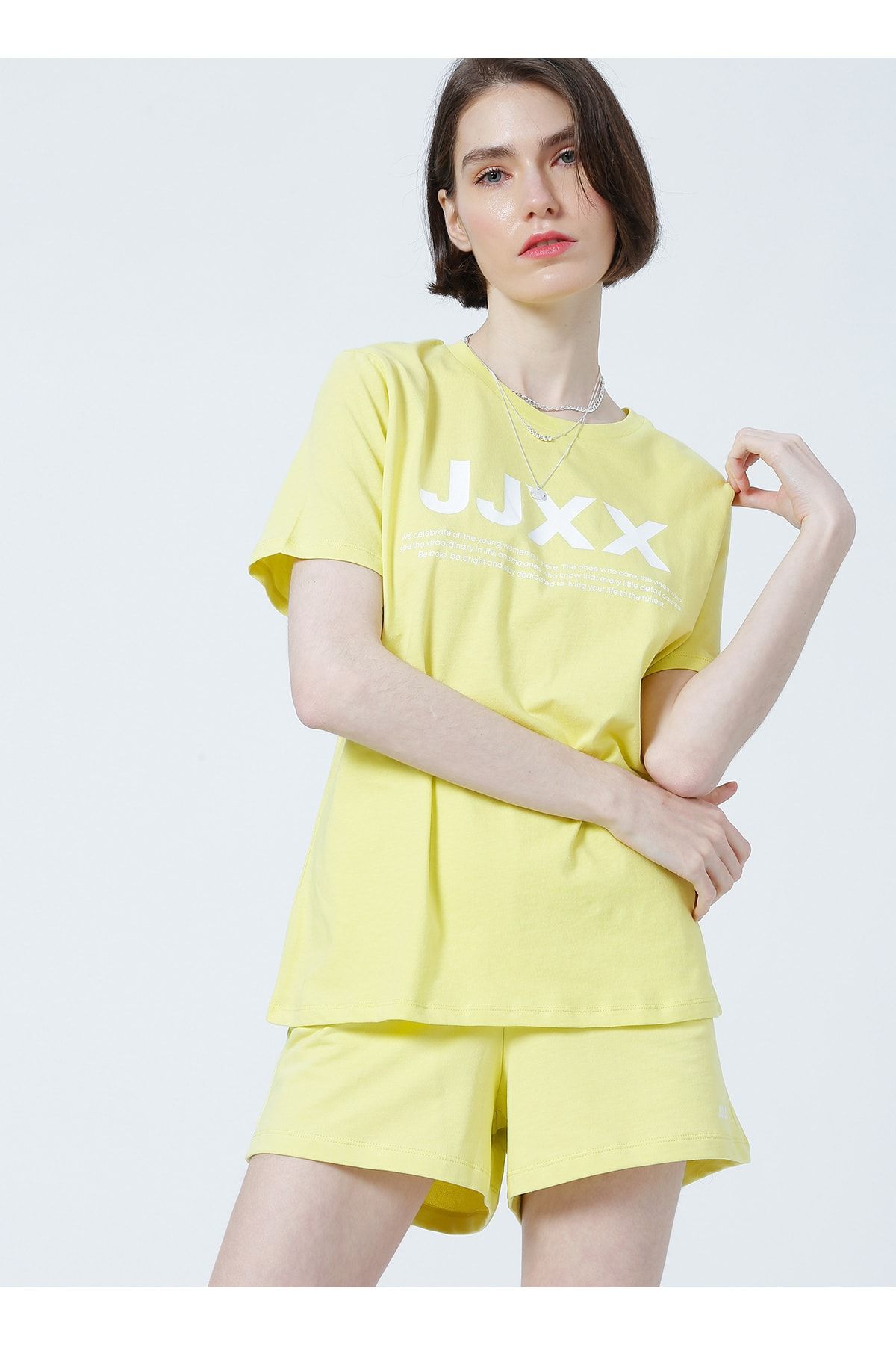 JJXX Jxanna Ss Reg Every Big Logo Tee By Yuvarlak Yaka Normal Kalıp Baskılı Sarı Kadın T-shirt