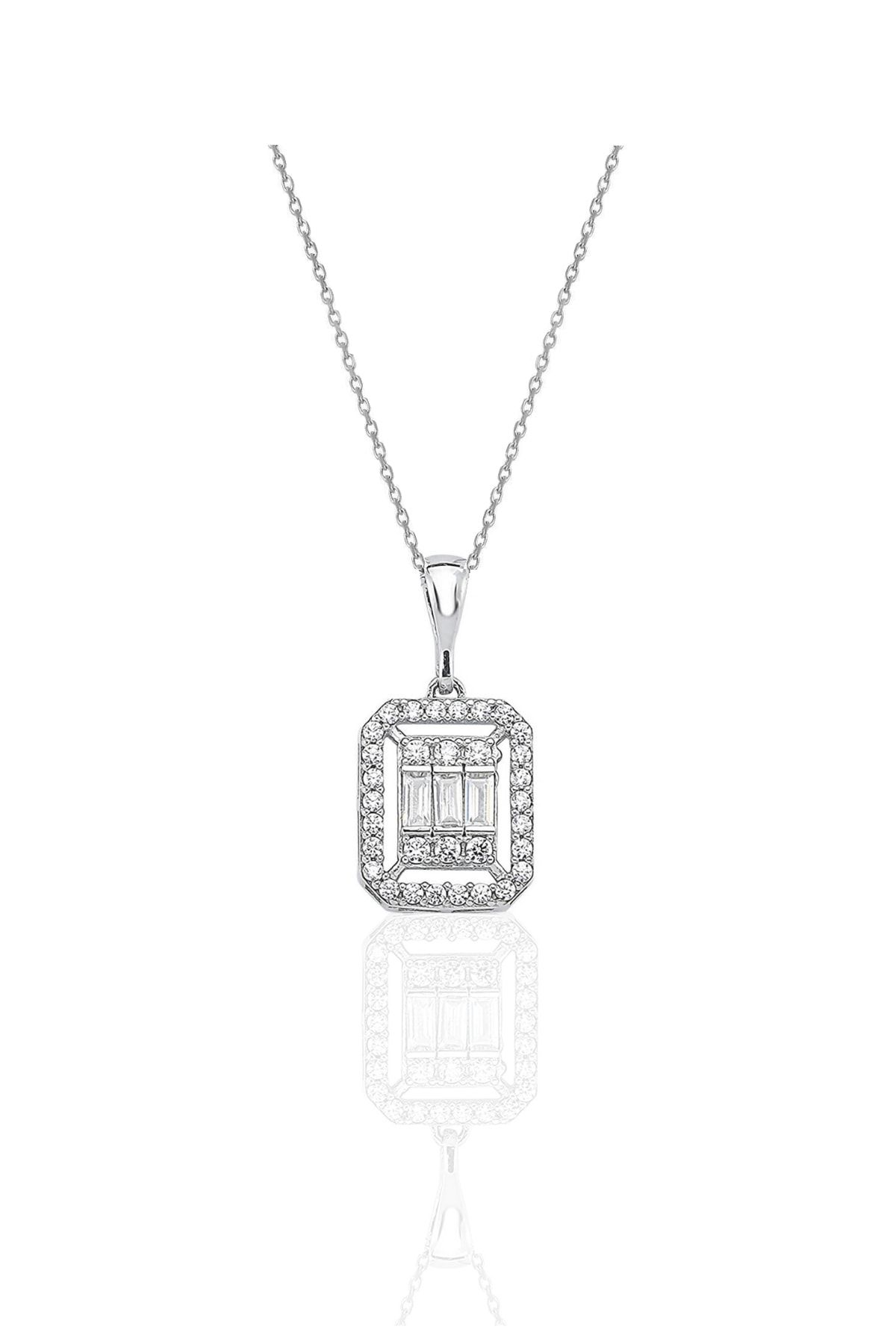 esjewelry Kadın 925 ayar gümüş rodyumlu baget kolye