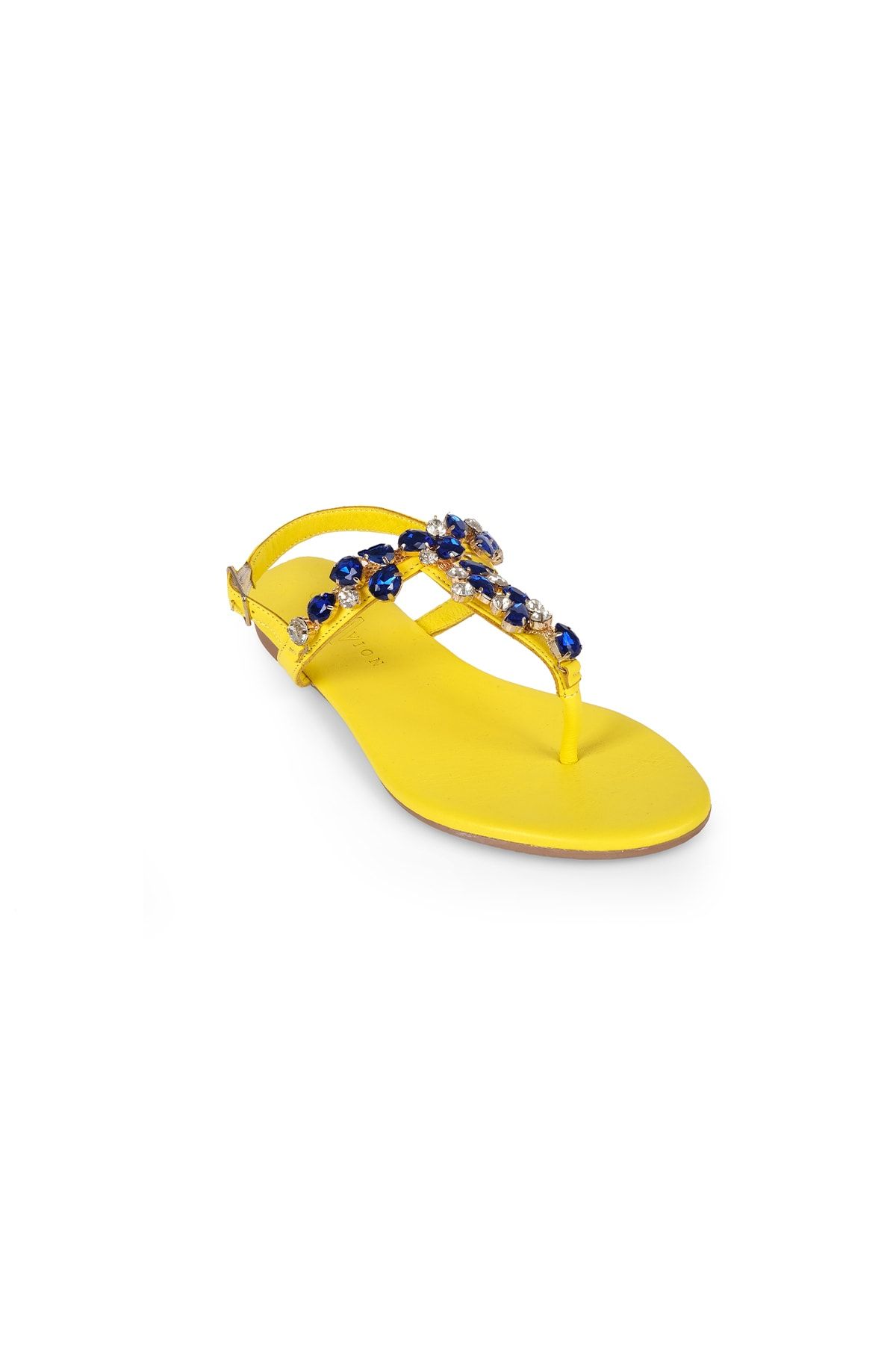 Oblavion Lavion Yeni Sezon Hakiki Deri Sarı Mavi Günlük Taşlı Kadın Sandalett