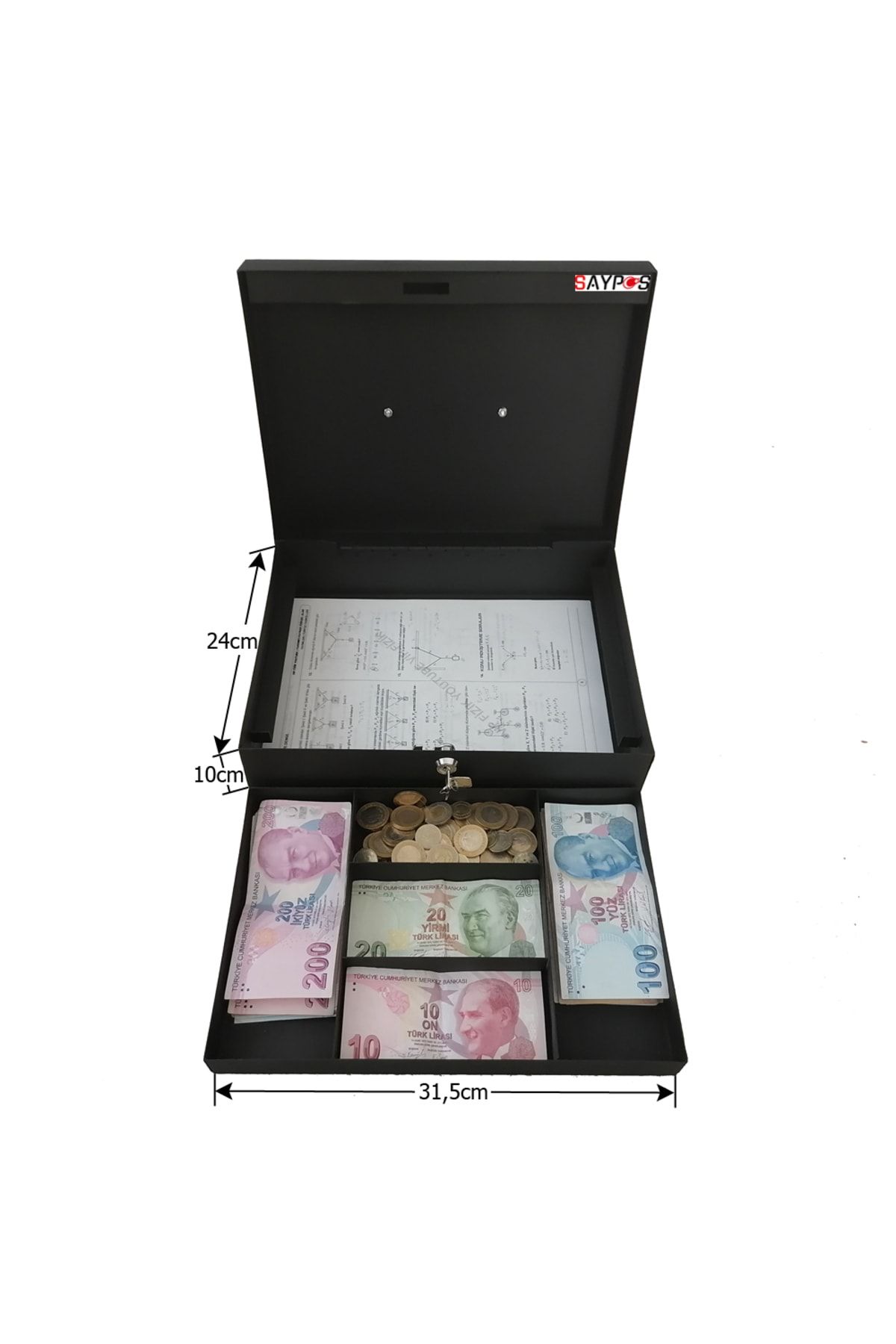 SAYPOS Büyük Boy Metal Para Kutusu 2 Banknot 3 Madeni Para Gözlü Taşınabilir Para Kasası 31,5x24x10cm