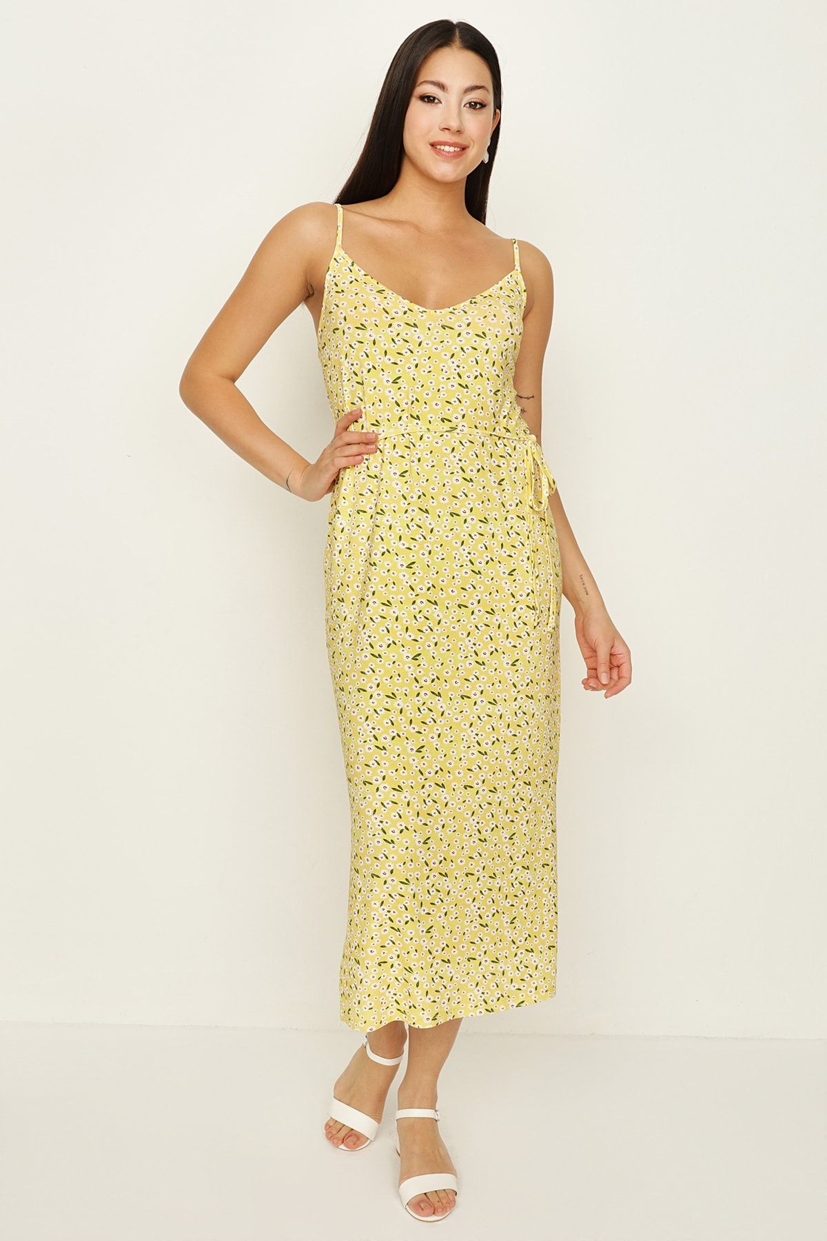 Select Moda Kadın Sarı V Yaka Yandan Yırtmaçlı Elbise