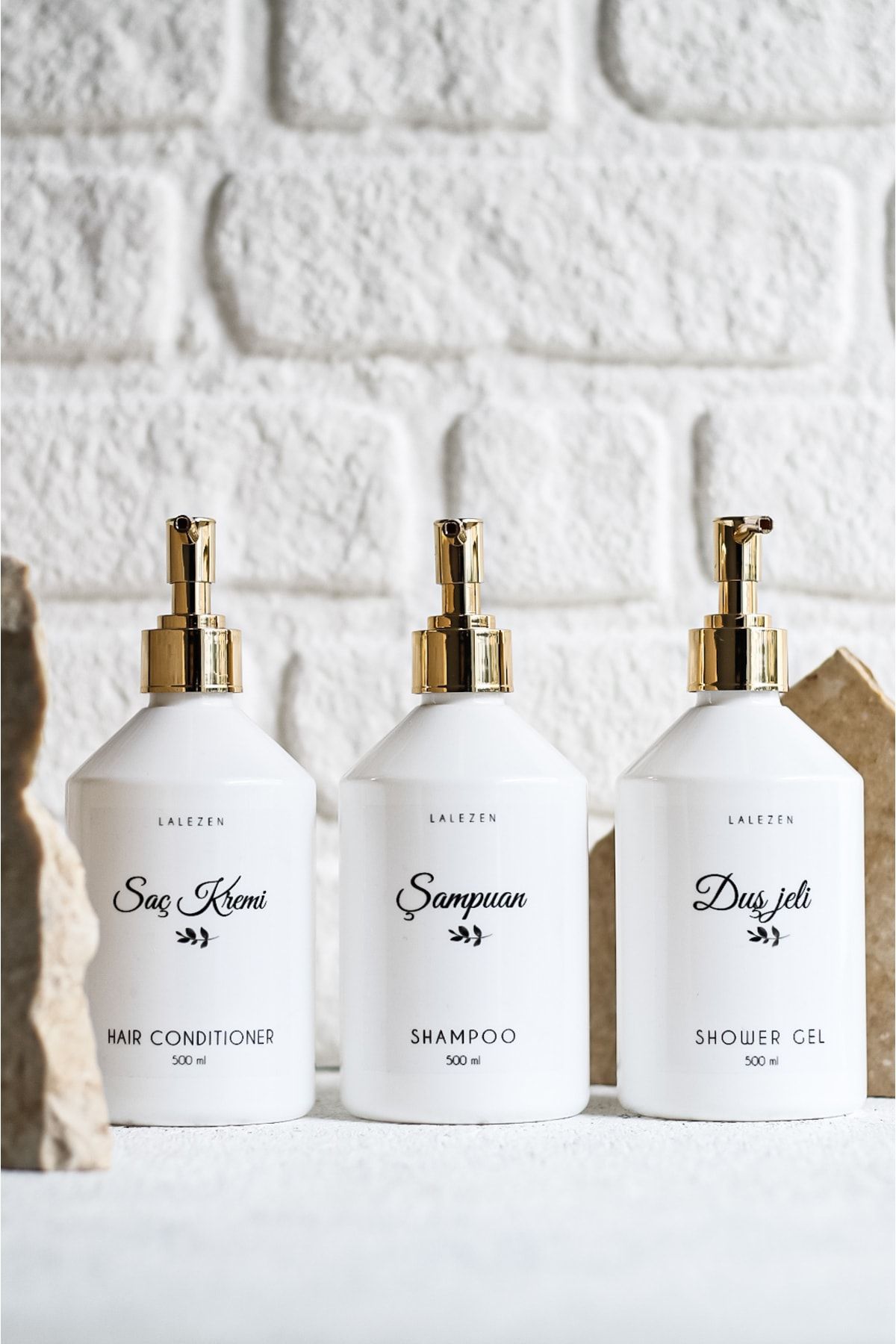 LALEZEN HOME Beyaz Gold Kapaklı Şampuan Duşjeli Saç Kremi Etiketli Şişe 500 Ml Plastik