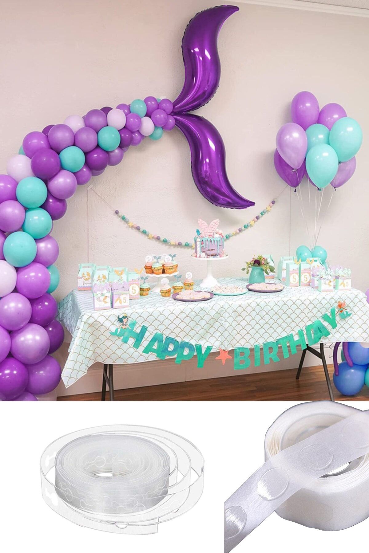 Parti Dolabı 50 Balonlu Fuşya Deniz Kızı Kuyruk Folyo Balonlu Mor Lila Mint Yeşil Balon Zinciri Doğum Günü Seti