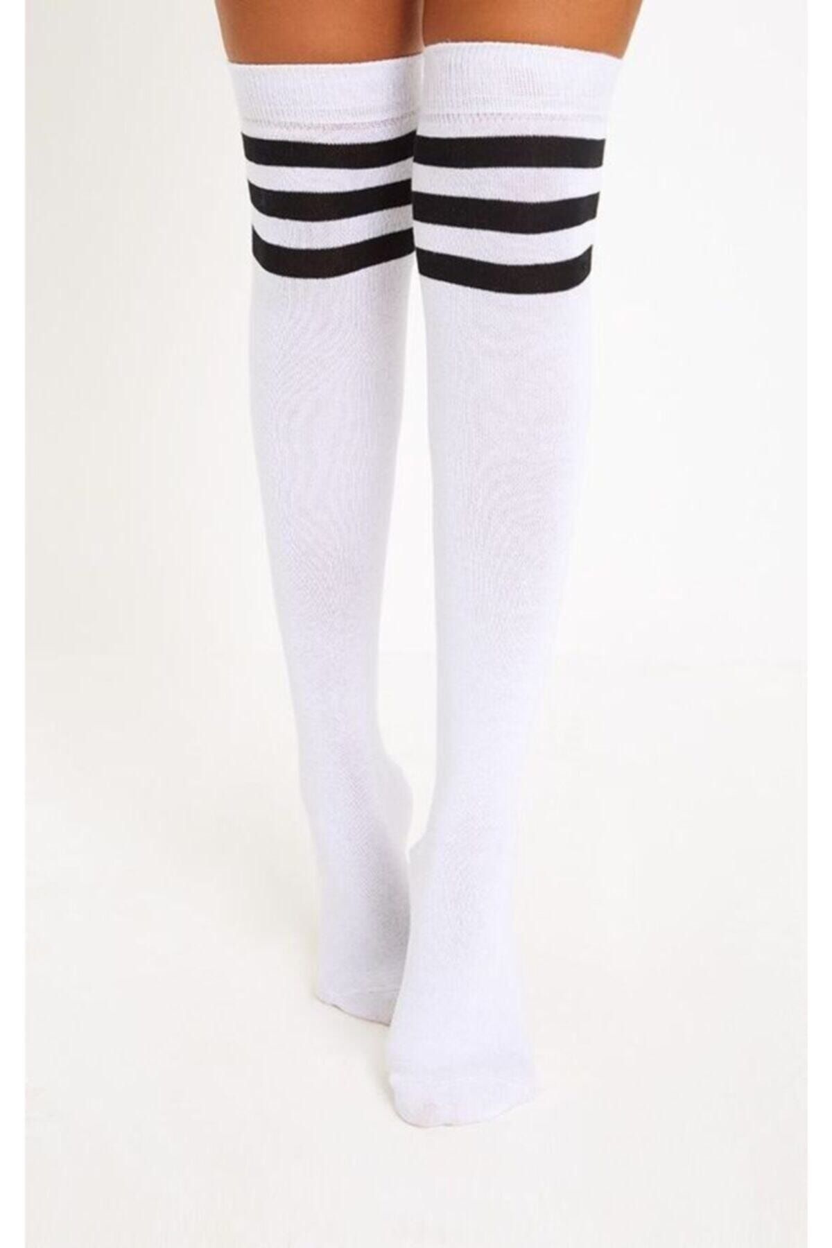 TİSTA Kadın Beyaz Renkli Siyah Çizgili Diz Üstü Pamuklu Çorap
