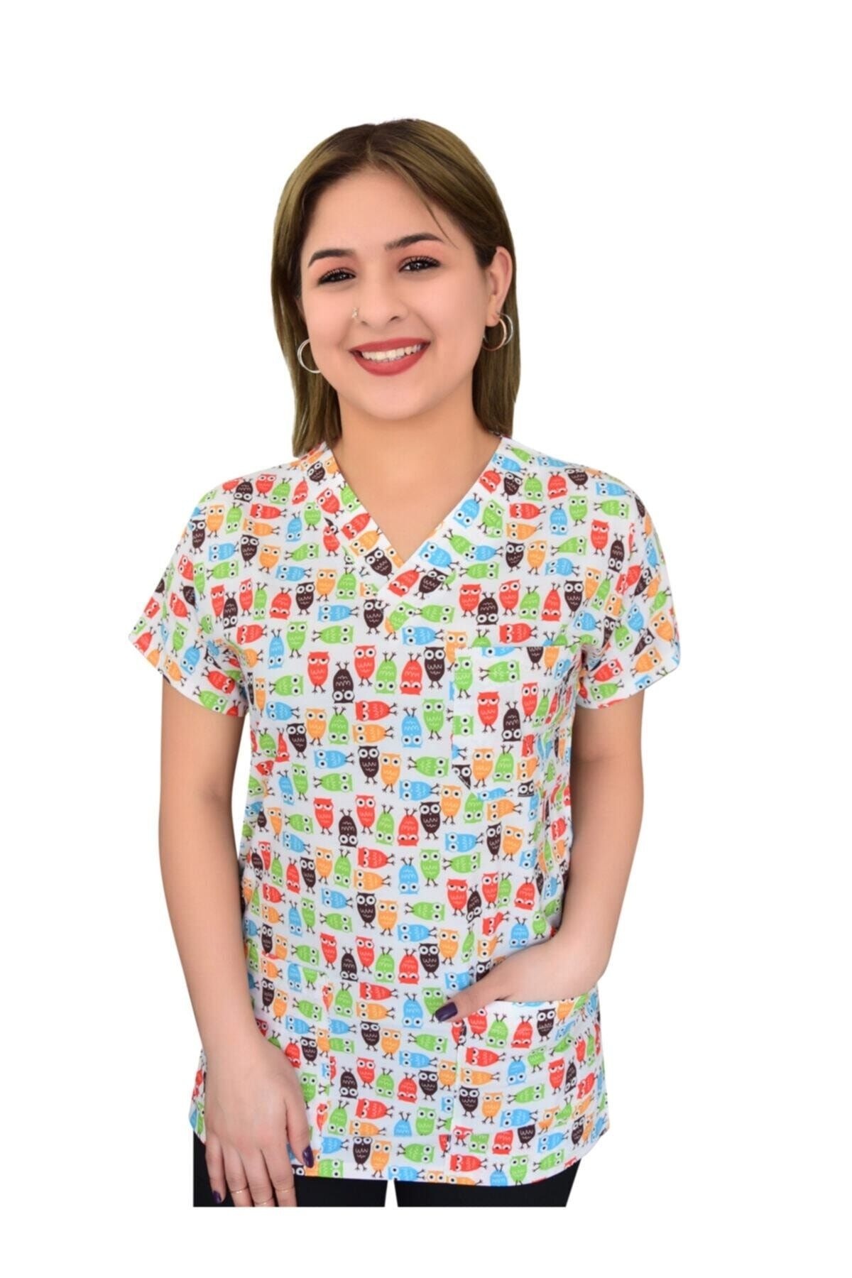 Nur Medikal Giyim Renkli Baykuşlar Forma Üst Hastane Doktor Hemşire Aşçı
