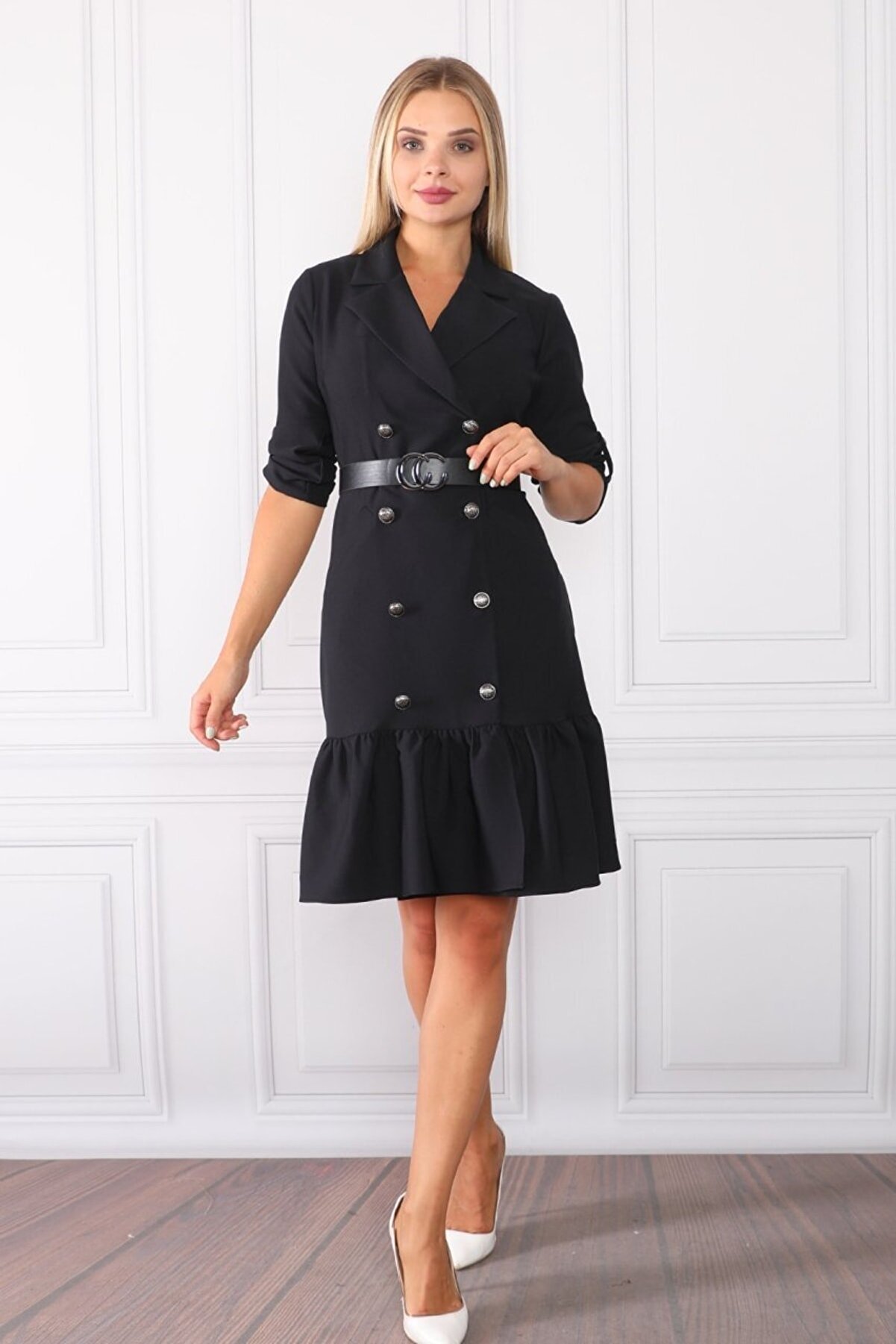etselements Kadın Siyah Kuşaklı Cep ve Düğme Detaylı Ofis Elbise
