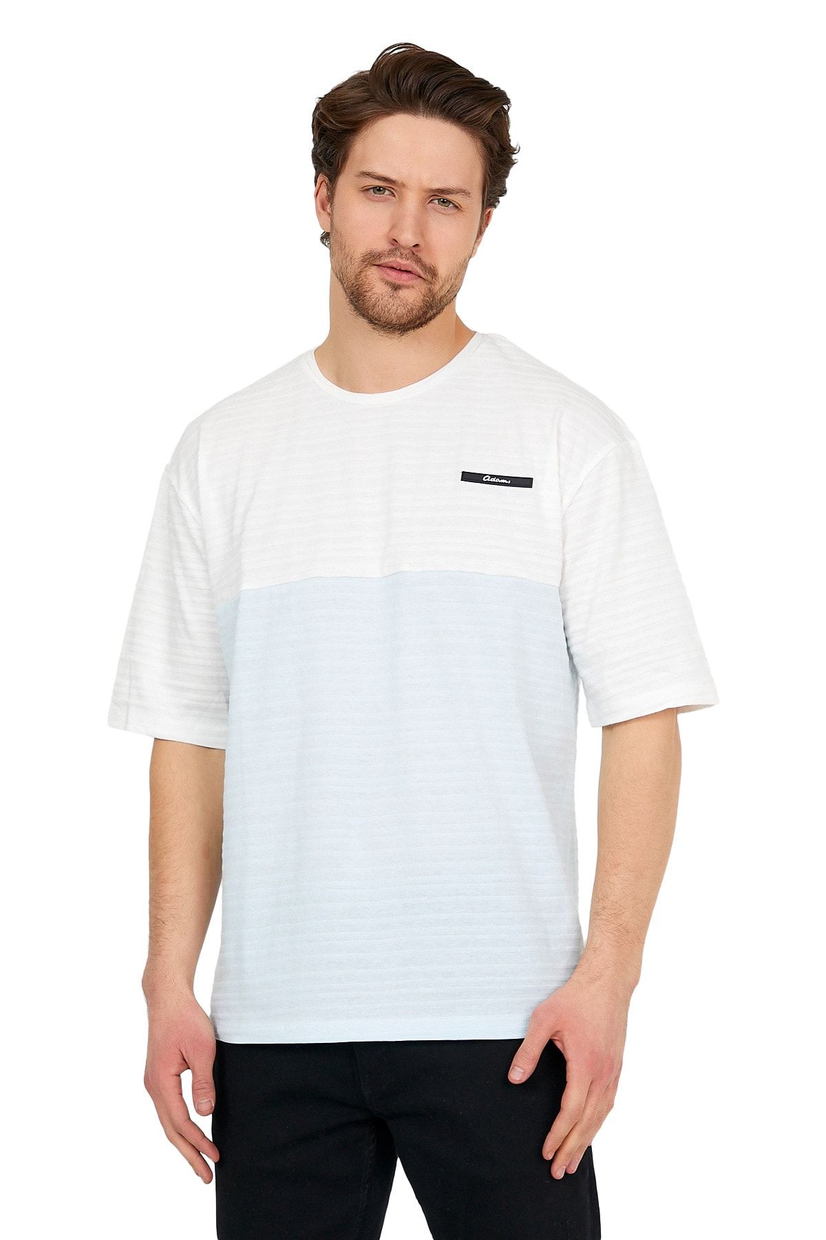 Adams Oversize Beyaz/mavi Erkek Jakarlı Bisiklet Yaka Kısa Kollu T-shirt