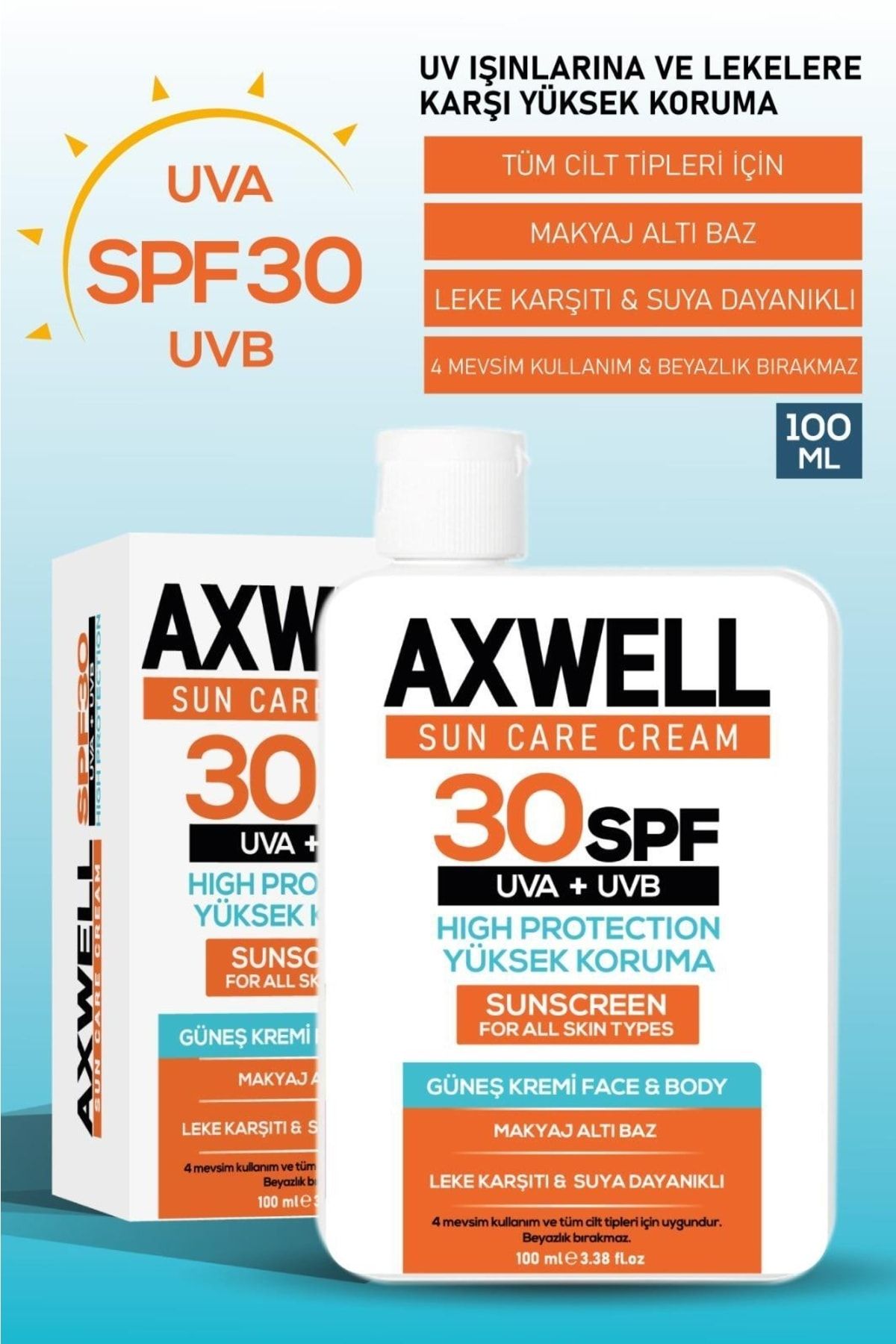 AXWELL Sun Care Cream Güneş Kremi Yüksek Koruma 30 Spf 100ml