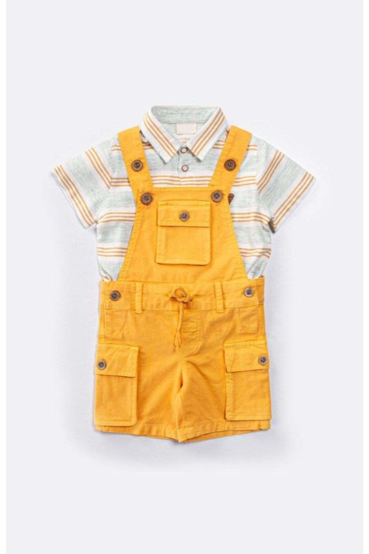 Midimod Gold Erkek Bebek Sarı Salopet Gömlek Ikili Takım