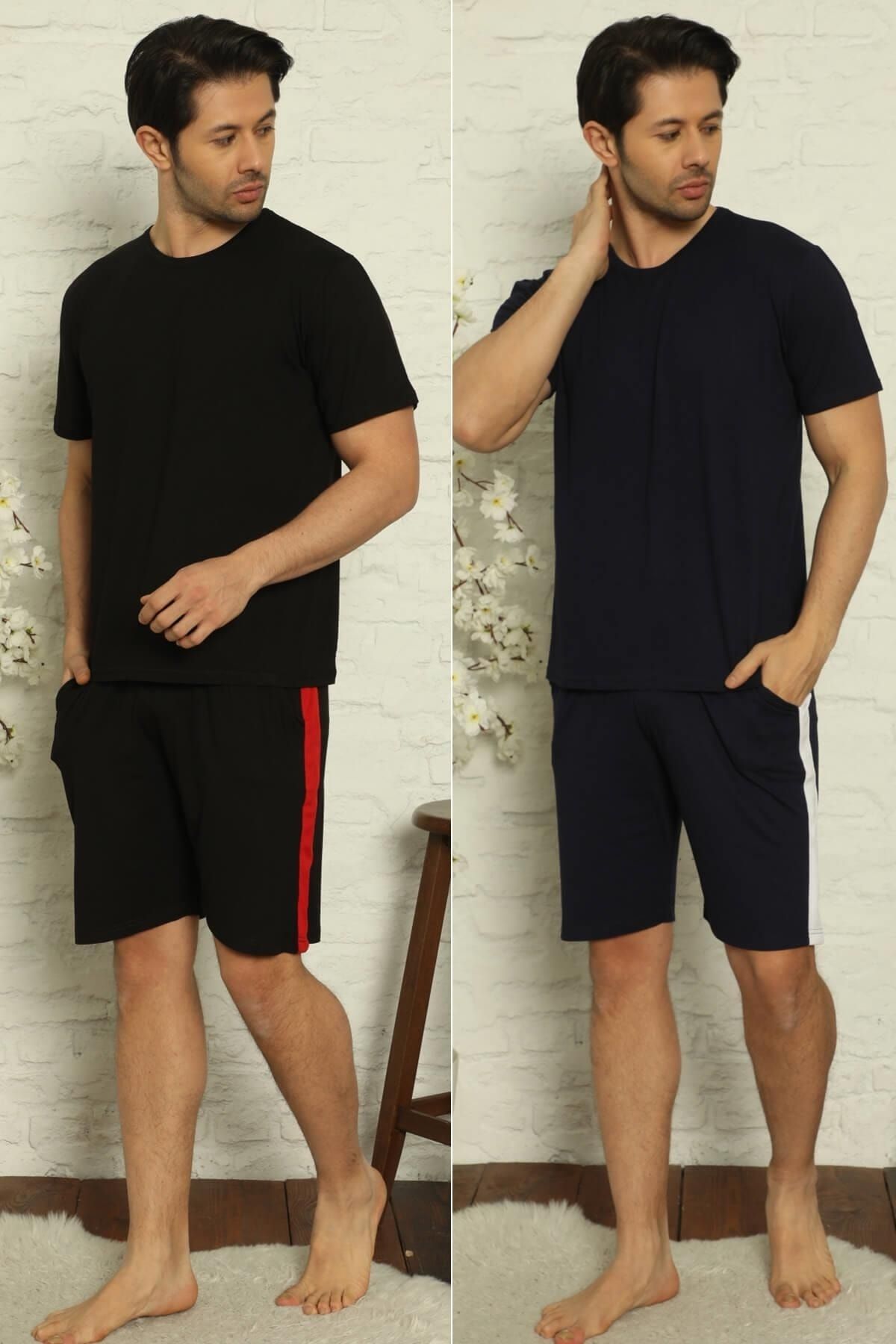 Pijamaevi Siyah-lacivert Erkek Slim Fit 2'li Paket Şort & Bermuda