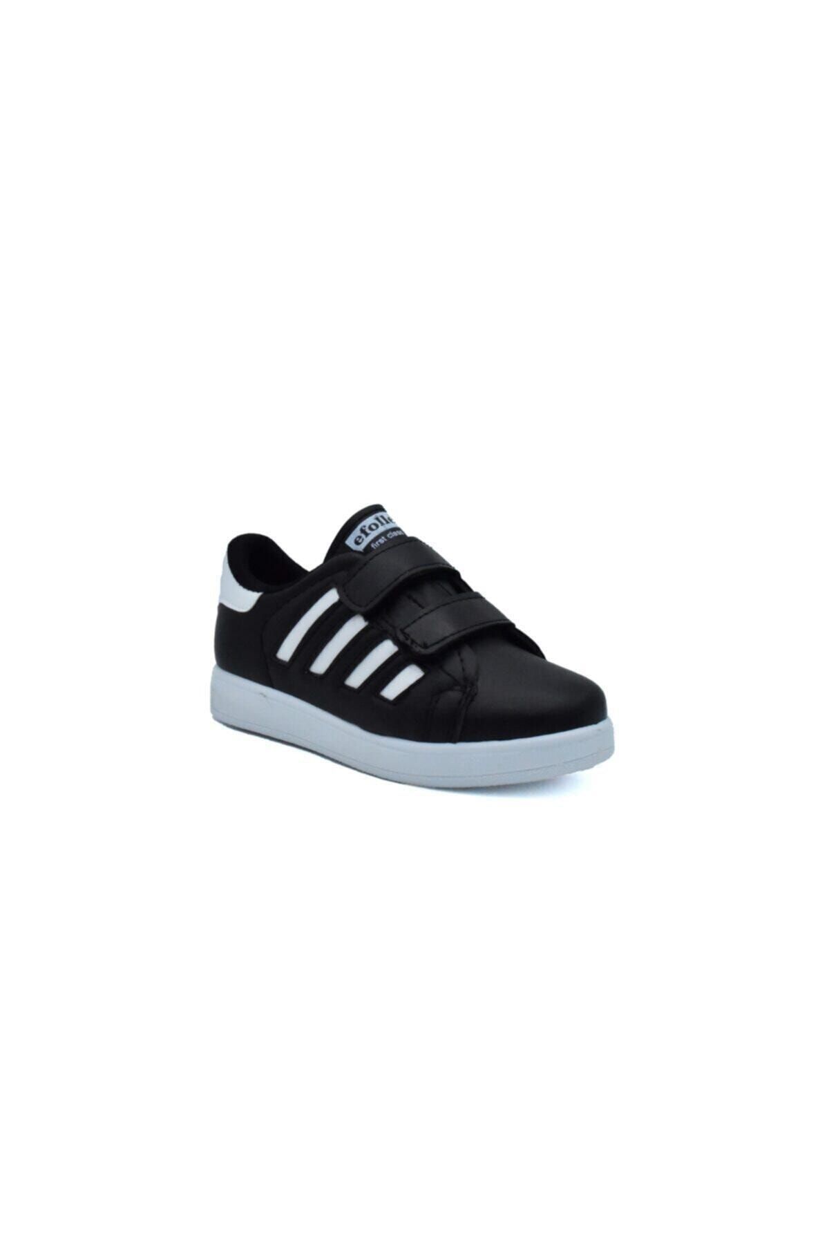 Efolle Unisex Cırtlı Çocuk Spor Ayakkabı 4 Bant Siyah Beyaz Spor