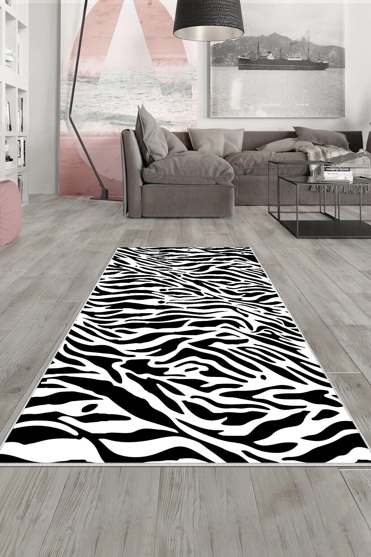 on the clouds Beyaz Zebra Desenli Yıkanabilir Kaymaz Taban Leke Tutmaz Modern Salon Halısı Ve Yolluk