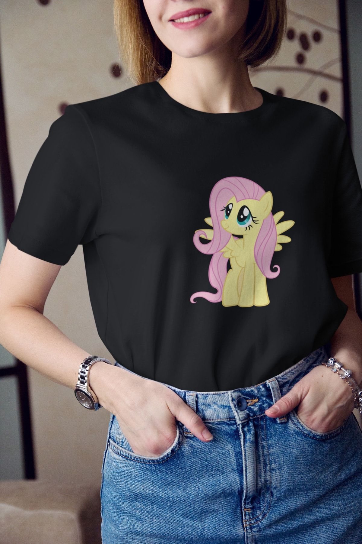 Kio Tasarım My Little Pony Fluttershy Baskılı Kadın Sevgiliye Arkadaşa Hediye Doğum Günü Hediyesi T-shirt