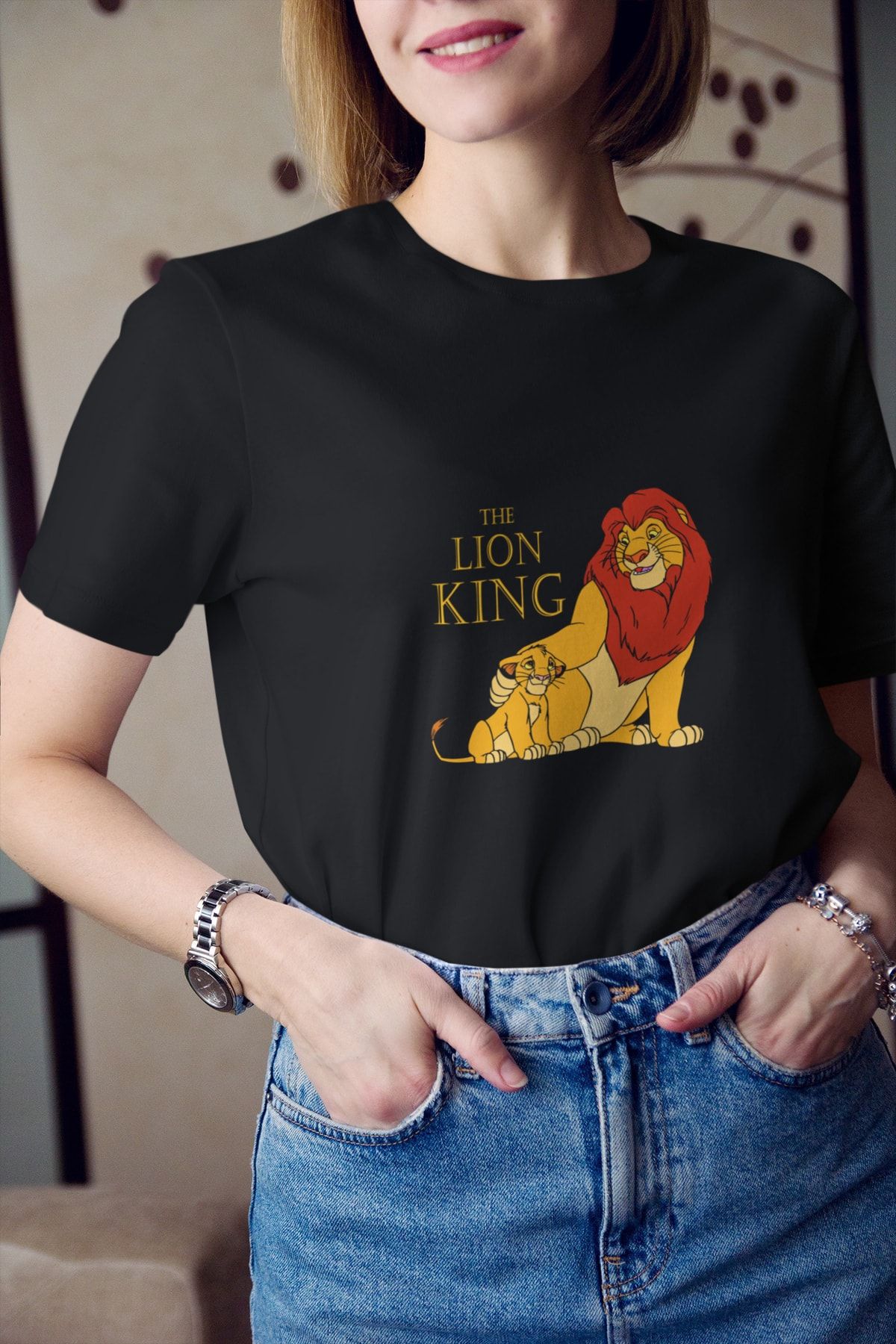 Kio Tasarım Kadın Aslan Kral Simba Ve Mufasa Baskılı Tişört %100 Pamuk
