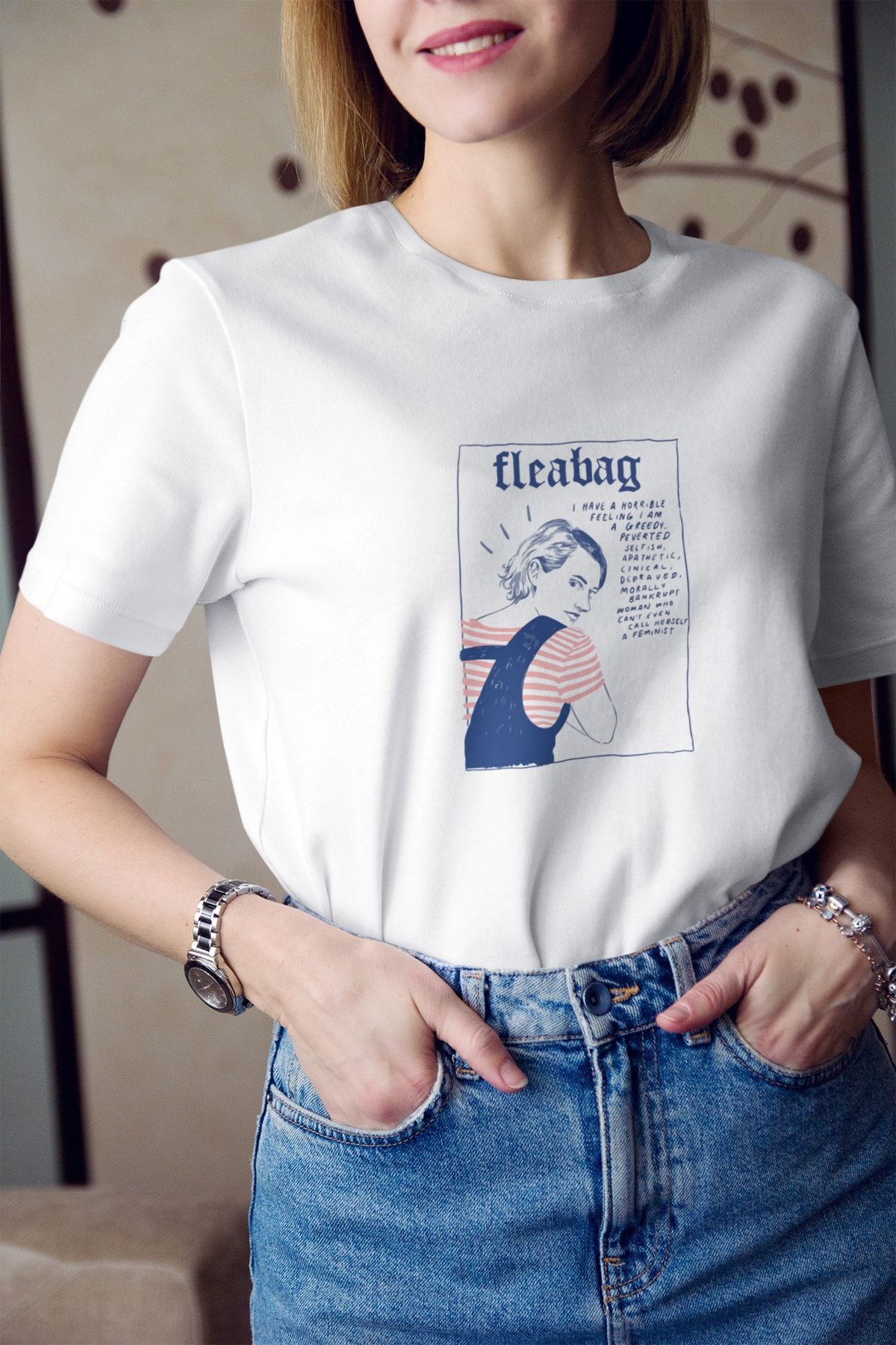 Kio Tasarım Fleabag Yazı Baskılı Tişört Kadın %100 Pamuk