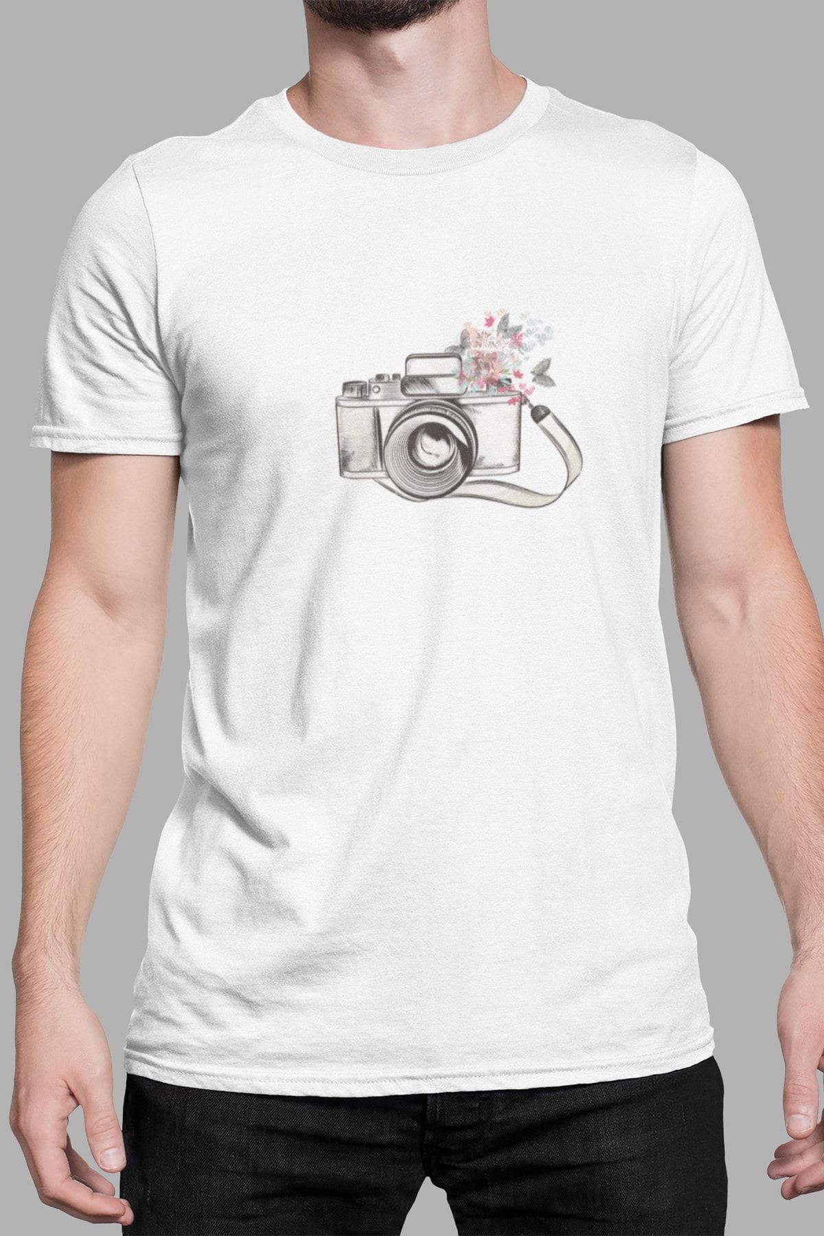 Kio Tasarım Erkek Eski Retro Analog Fotoğraf Makinası Baskılı T-Shirt