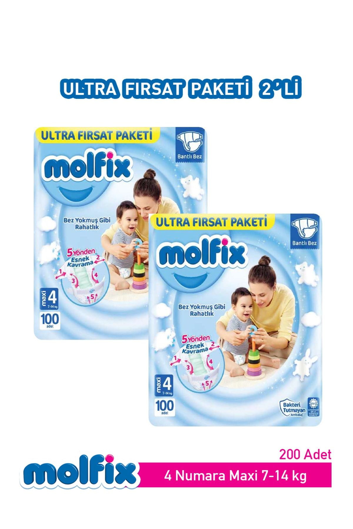 Molfix Bebek Bezi Ultra Fırsat Paketi Maxi 4 Numara 100 Adet X 2 Paket