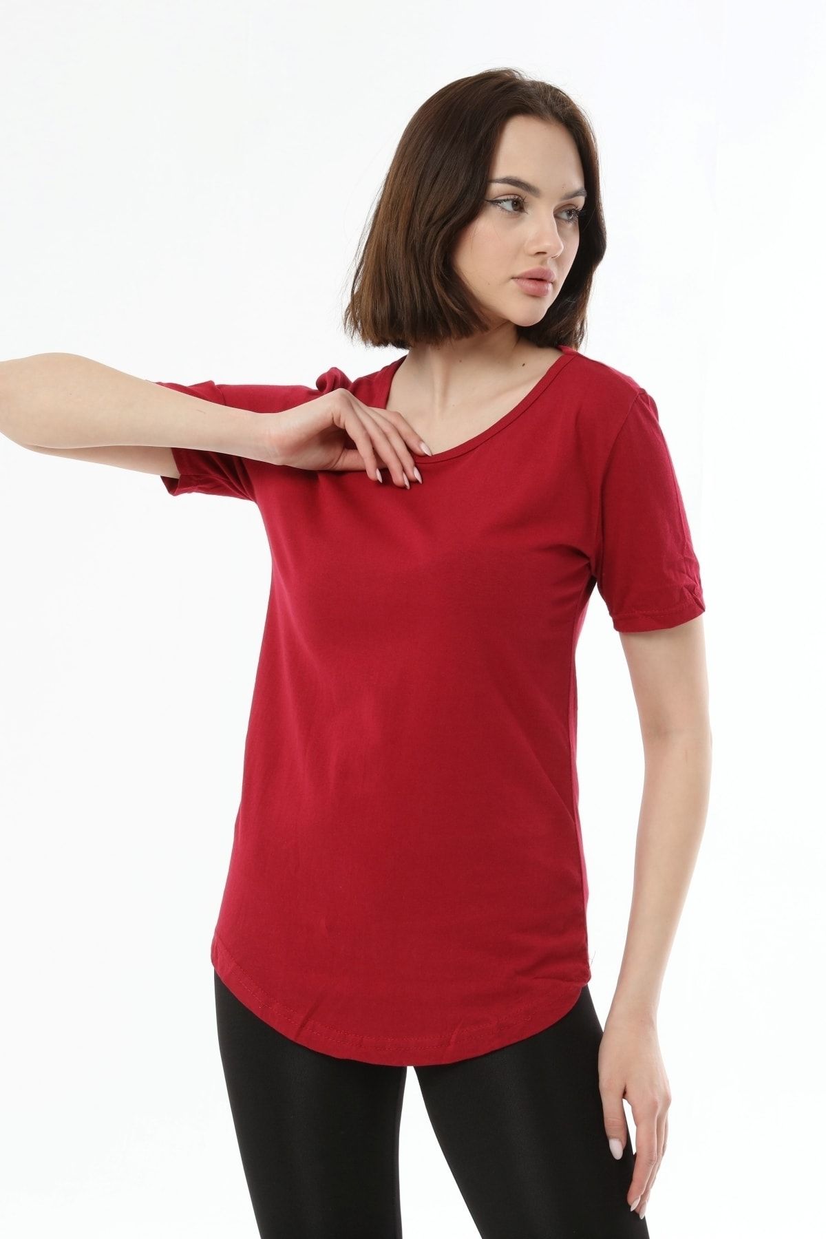 VİP LOKAL Kadın Bordo Oval Kesim Basic Tshirt