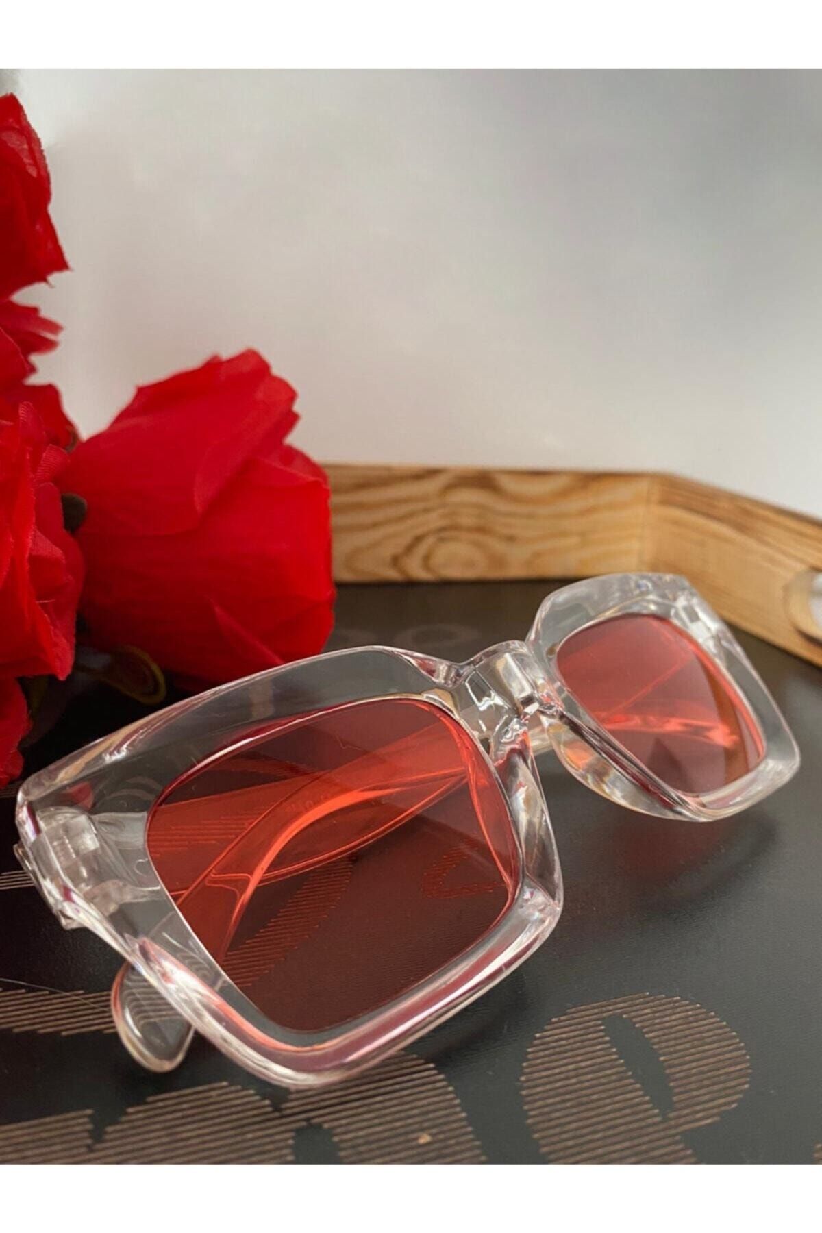 Mathilda Aksesuar Mia Kalın Çerçeveli Tasarım Gözlük Şeffaf Çerçeve Kırmızı Cam