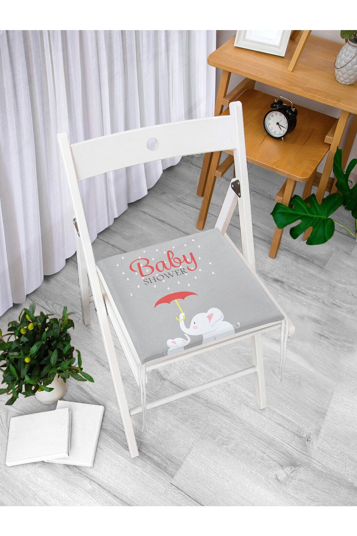 Realhomes Gri Zemin Fil Desenli Baby Shower Dijital Baskılı Çocuk Odası Fermuarlı Sandalye Minderi