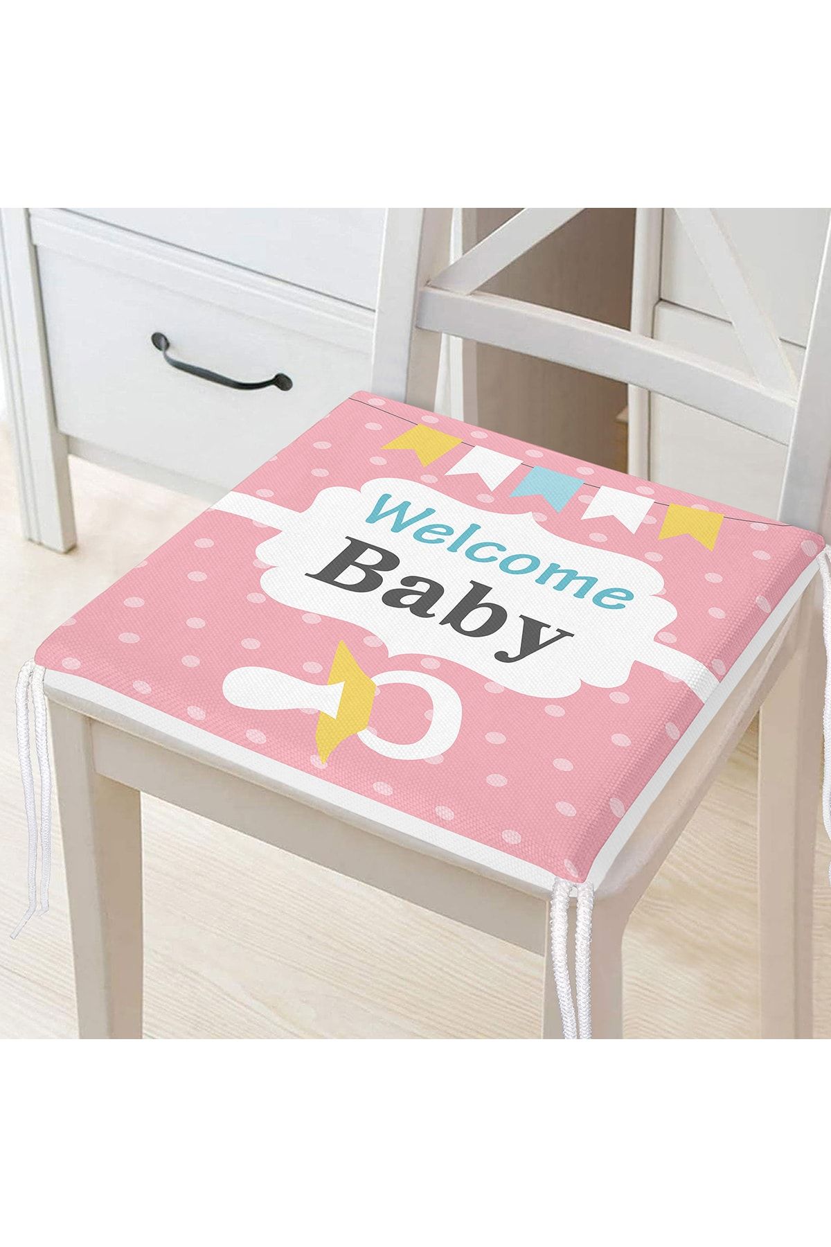 Realhomes Pembe Zemin Baby Shower Temalı Özel Tasarımlı Dijital Baskılı Çocuk Odası Fermuarlı Sandalye Minderi