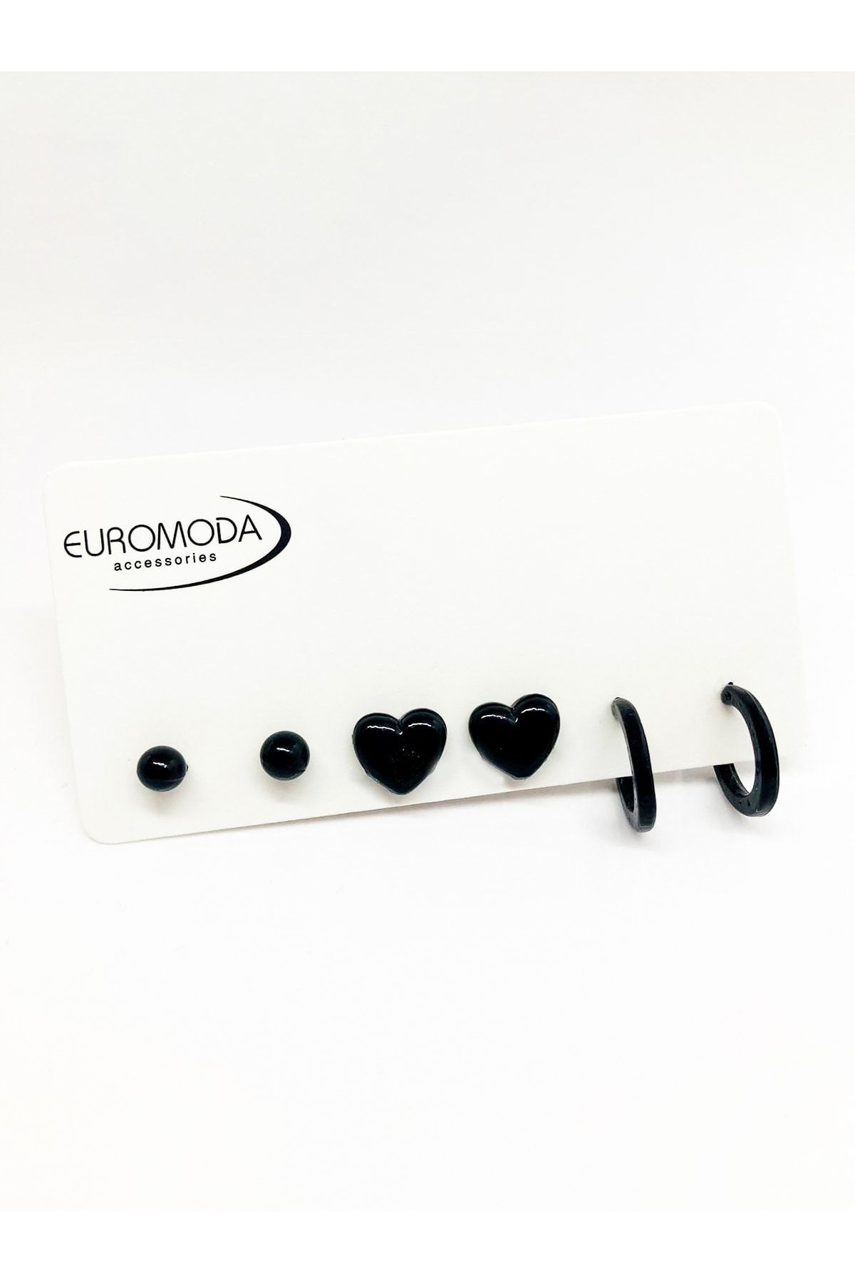 EUROMODA Kalp Tasarımlı Halka Ve Top Küpeli Siyah Renkli Küpe Seti
