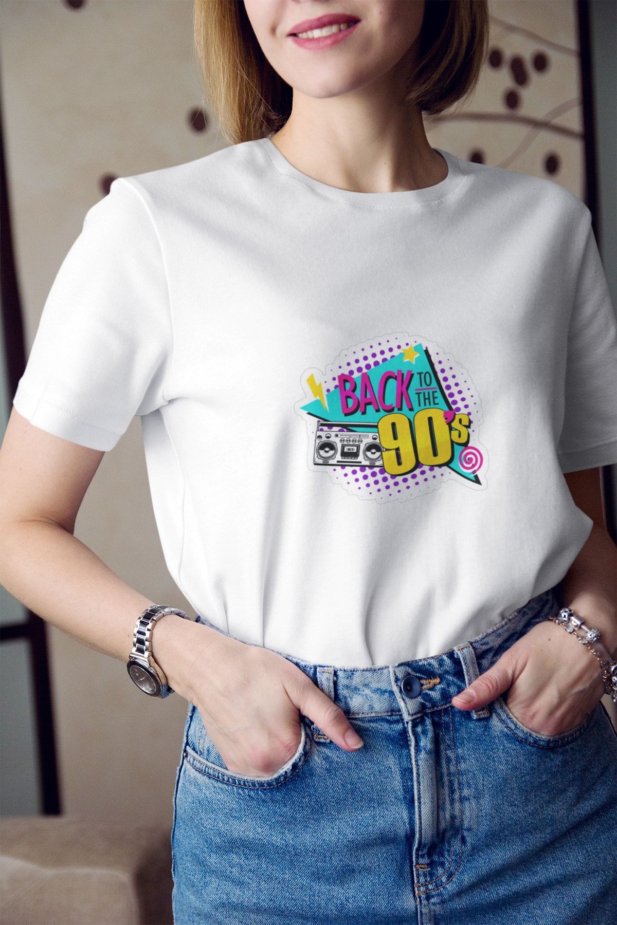 Kio Tasarım Kadın Beyaz 90'lar Vintage Kasetçalar Baskılı T-Shirt