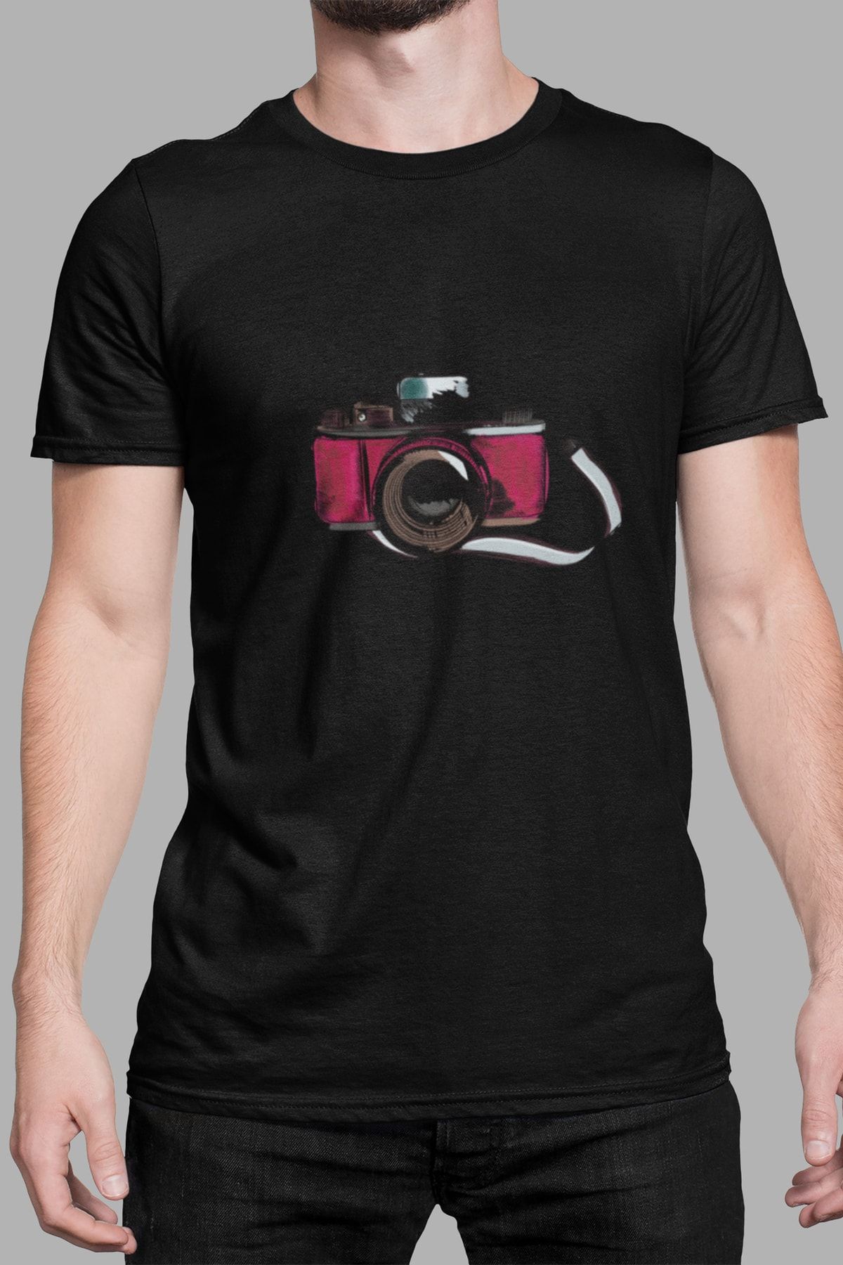 Kio Tasarım Erkek Siyah  Fotoğraf Makinası Baskılı T Shirt