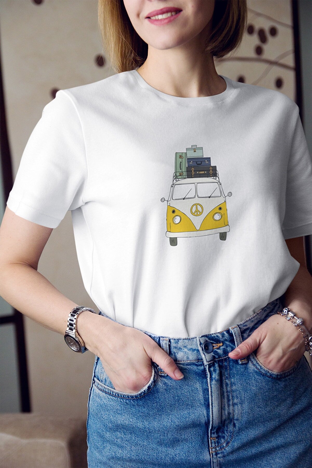 Kio Tasarım Kadın Sarı Vosvos Seyahat Minibüsü Baskılı Tişört %100 Pamuk