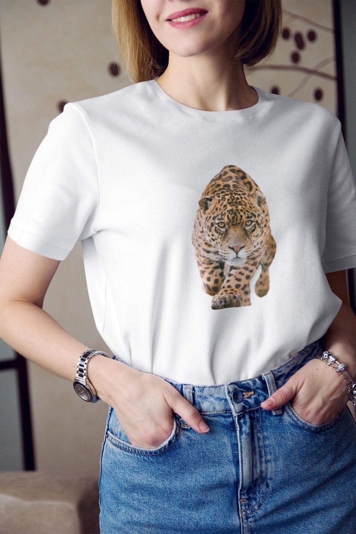 Kio Tasarım Kadın Beyaz Leopar Vahşi Hayvan Baskılı T-Shirt