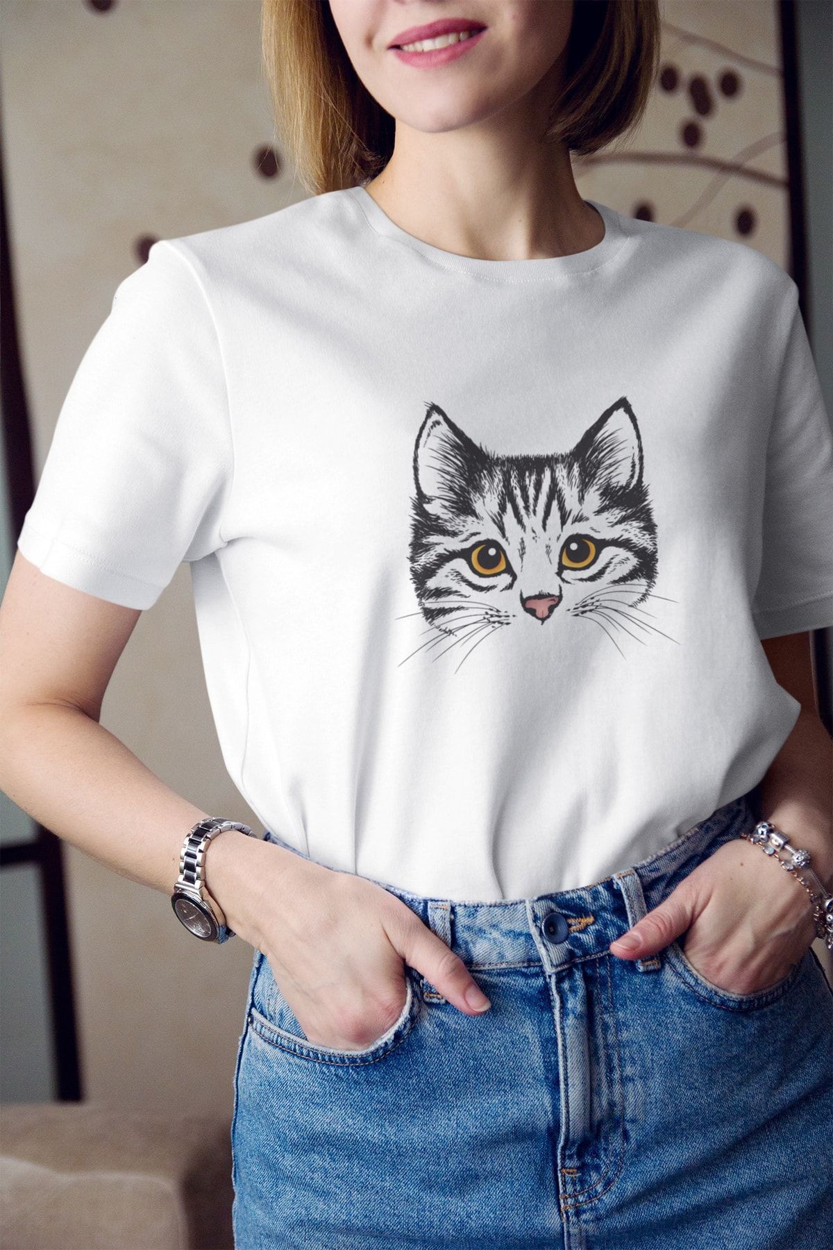 Kio Tasarım Kadın Beyaz Tekir Kedi Kafası Baskılı Tişört