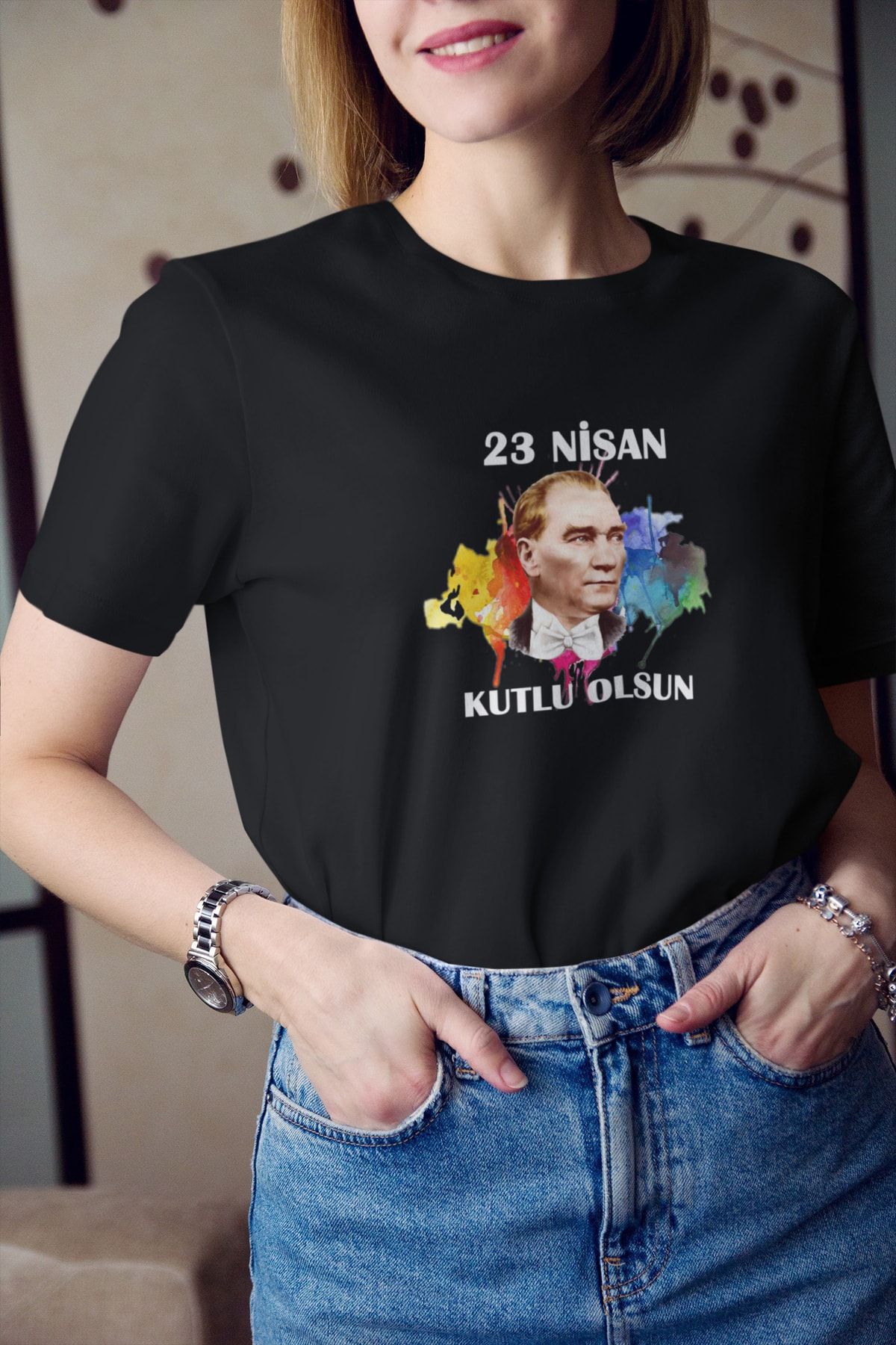 Kio Tasarım 23 Nisan Renkli Atatürk Baskılı Tişört Kadın %100 Pamuk