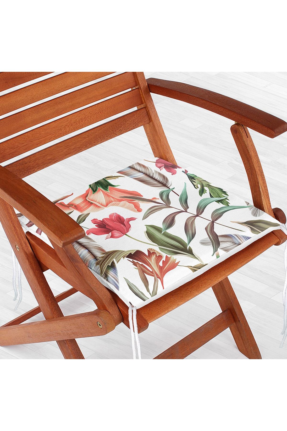 Realhomes Beyaz Zeminde Çiçek Motifli Dijital Baskılı Modern Fermuarlı Sandalye Minderi