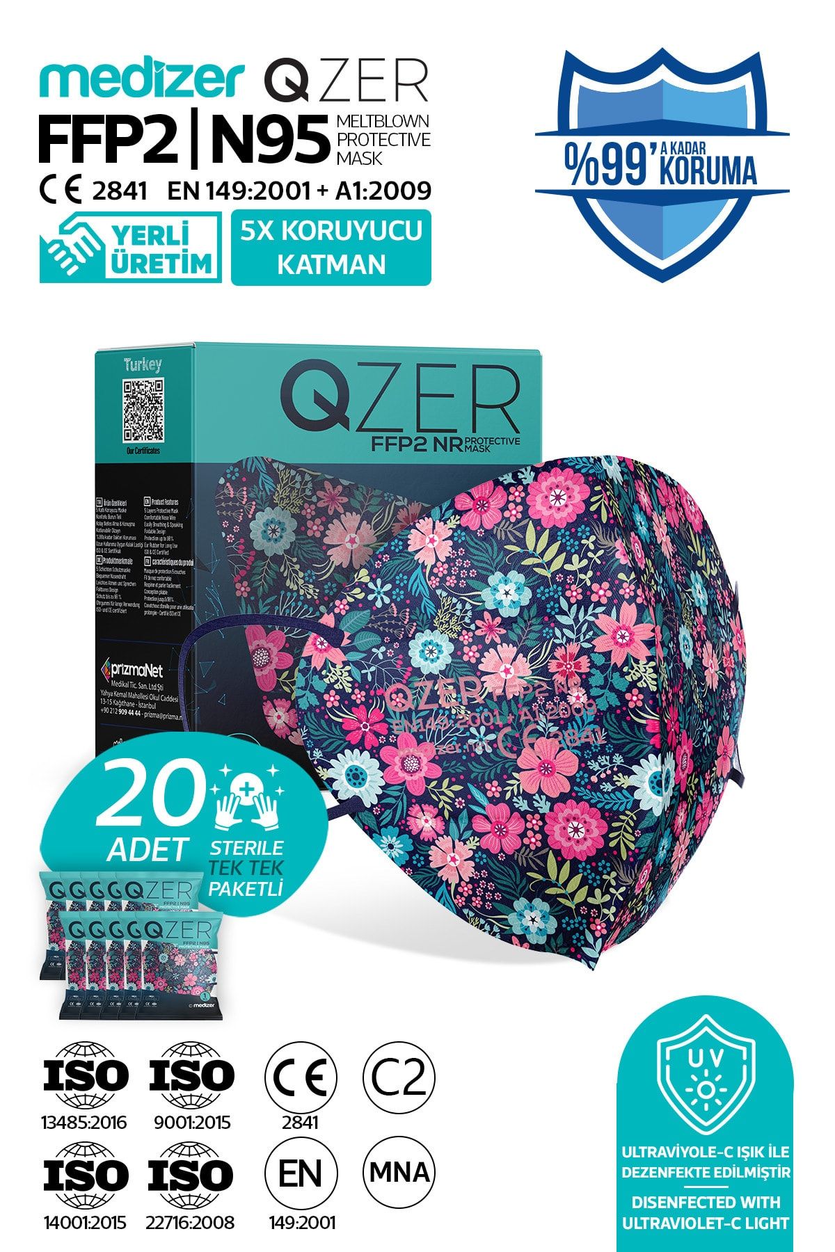 Medizer Qzer 20 Adet Blue Flos Desenli N95 Maske 5 Katmanlı